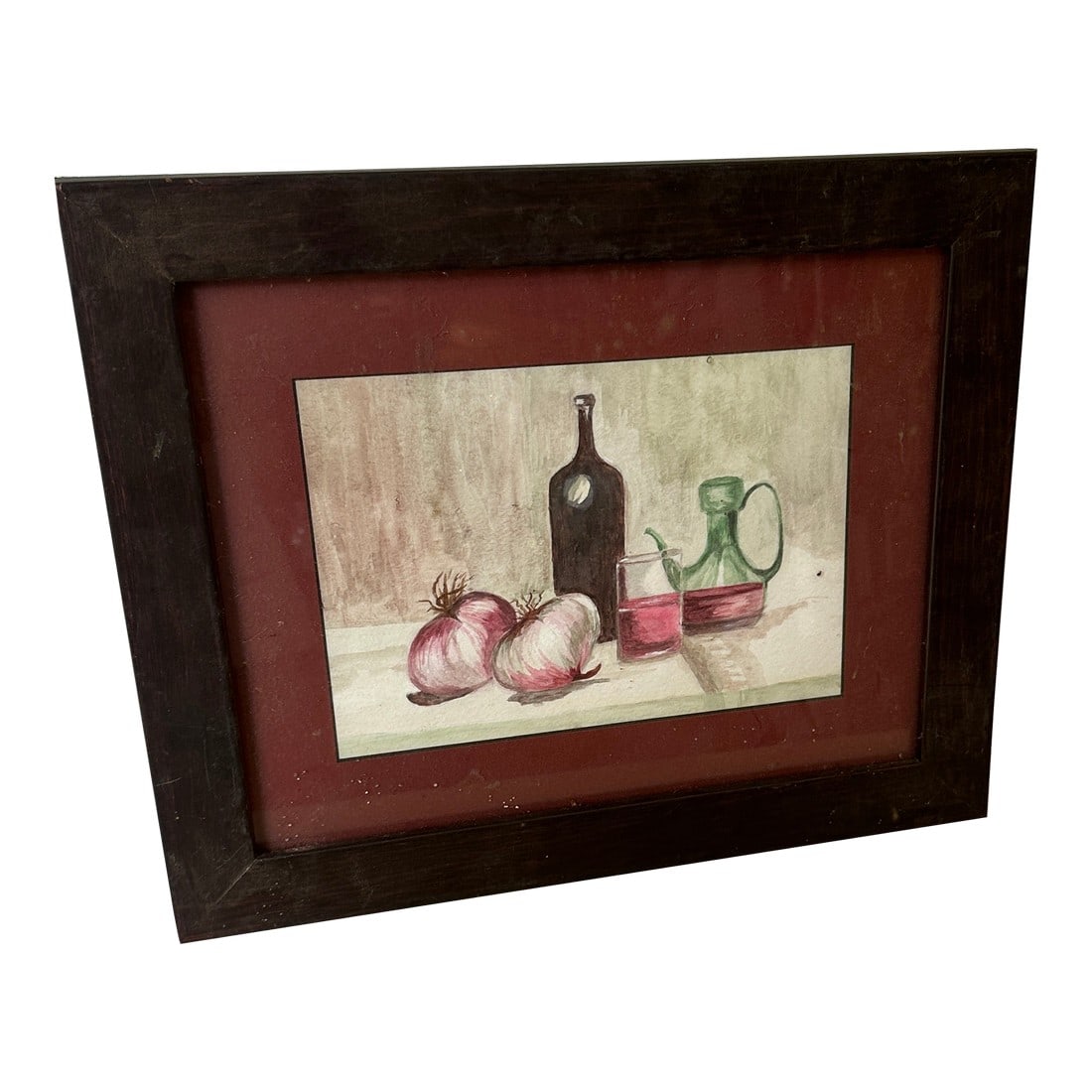 1970s Wine and Onions Watercolor Painting, Frames: Up for consideration is a beautiful wine and onion watercolor painting. This would look lovely in your home and it is a great find for the interior design enthusiast. Please check out my other