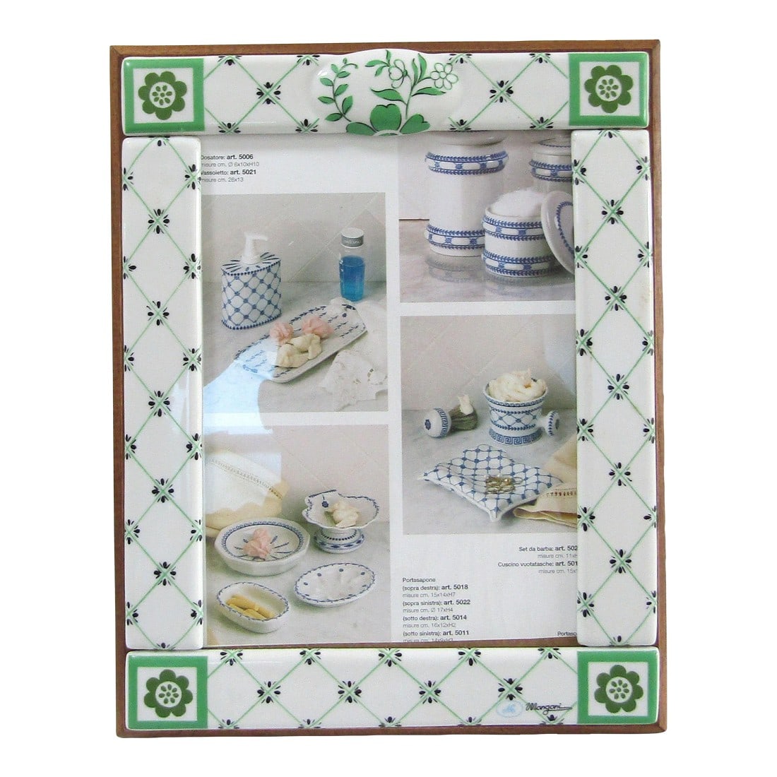 Mangani Italy Green and White Porcelain Frame: NEW Mangani Italy Green and White Porcelain Frame Item 11742/1A Comes from a designer showroom. Measures 8 1/4" wide, 3/4" deep and 10 1/2" tall. Opening is 5 1/2" wide and 7 1/2" tall. This item