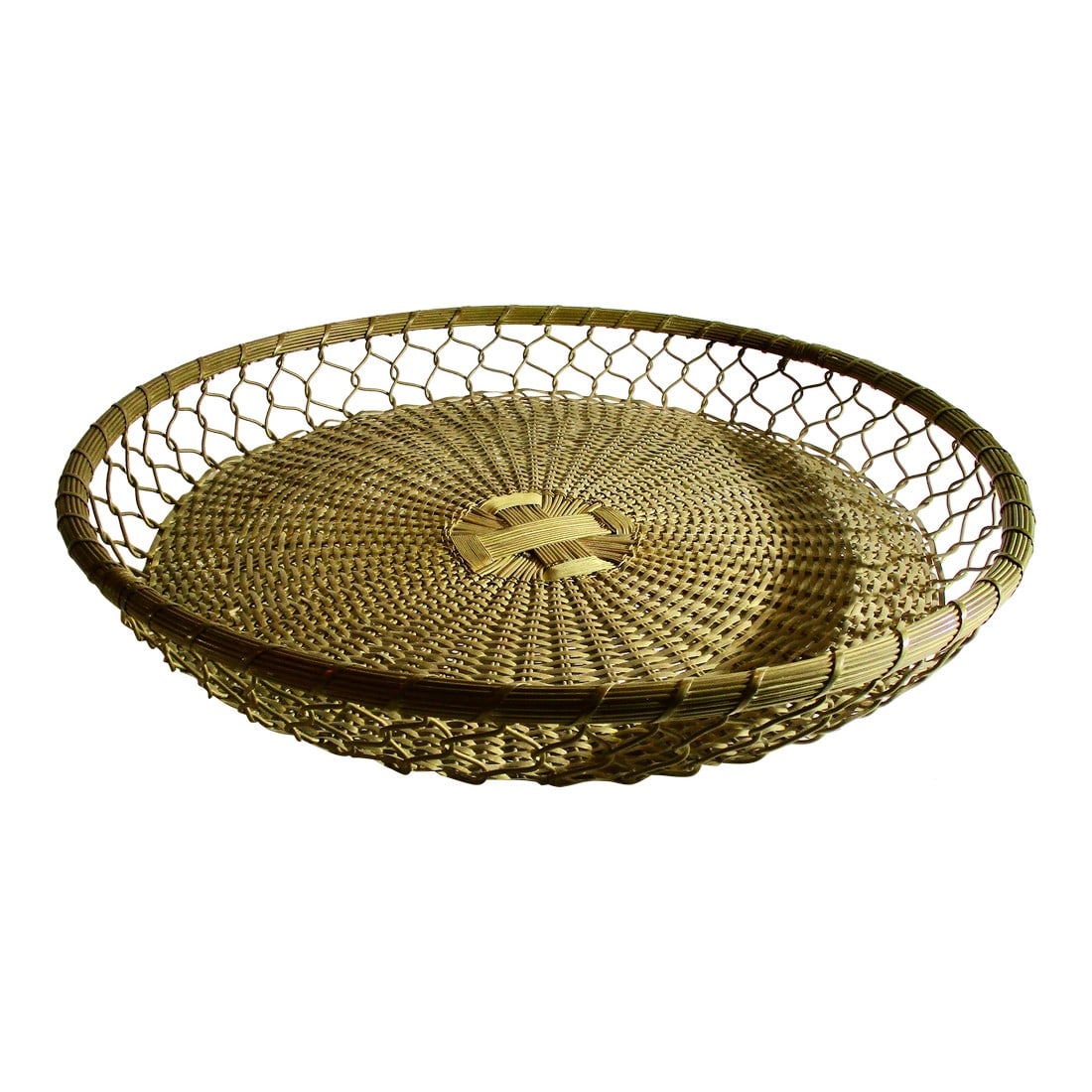 1910s French Woven Brass Serving Tray: 1910s French Woven Brass Serving Tray. Early 20th-century French basket, Light airy, interesting and, one of the early industrial French design productions. The natural brass has turned a soft olive-g