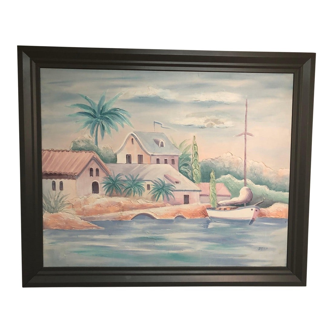 Large Pastel Oil on Canvas Painting Signed on the Bottom: Stunning large oil on canvas, measuring 57" x 47". This piece features a serene seaside scene with charming coastal homes, soft sand, and calm waters in the forefront. Signed at the bottom, it exudes