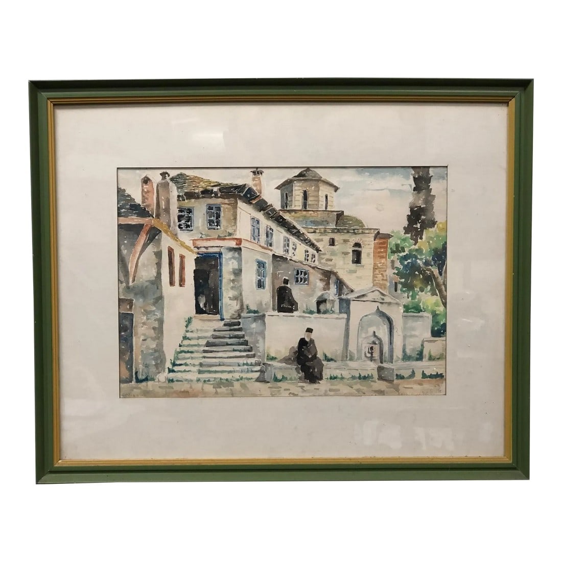 Antique Ottoman Original Watercolor Painting Signed on the Bottom: Original antique Ottoman watercolor painting, signed at the bottom, featuring white houses with stairs leading into a town. A man sits peacefully on a white bench at the bottom, adding a tranquil, eve