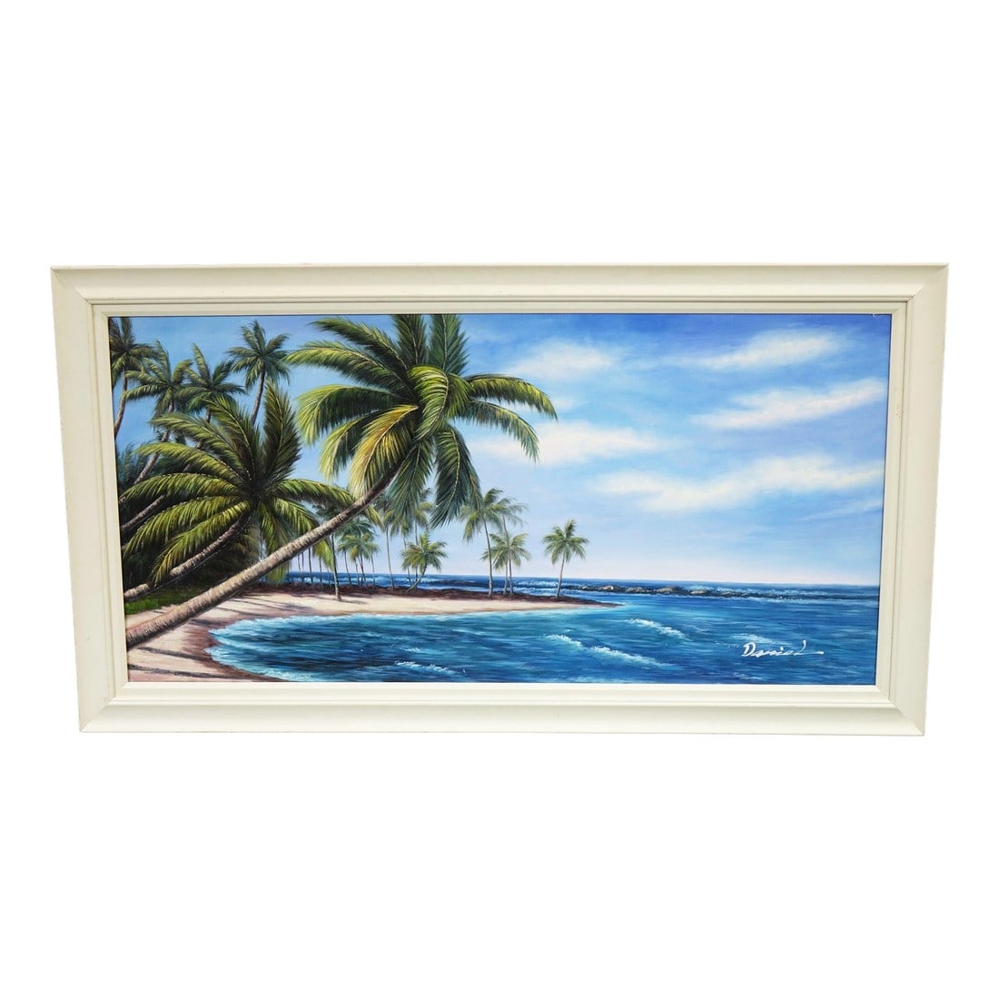 Early 20th Century Oceanscape Oil on Canvas Signed Original, Framed: This stunning original oil painting on canvas captures a serene oceanscape featuring palm trees gracefully framing the left foreground and a beautiful beach on the right. The bright blue water and