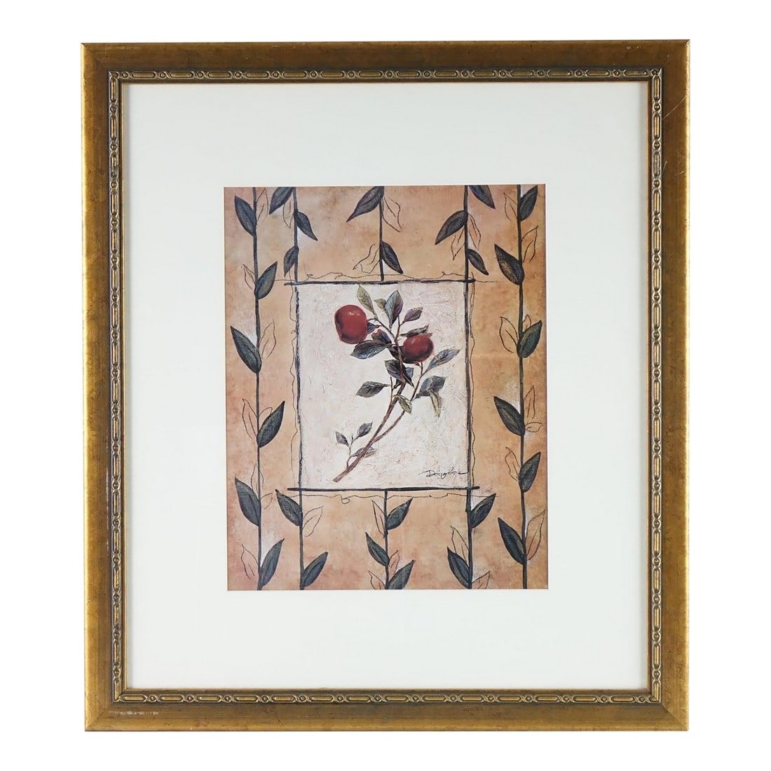 The Patterned Garden 2 - Print of Original Oil Pencil on Board Signed: This charming floral composition blends the warmth of folk art with the subtle precision of botanical illustration, presenting a balanced and intimate design. At the heart of the piece lies a