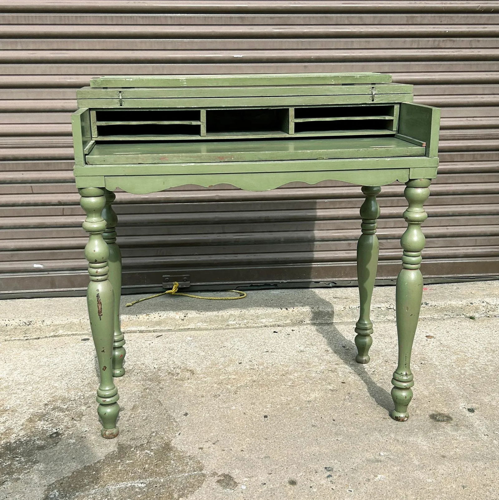 1990s Vintage Green Distress Painted Spinlet Flip Top Desk With Turned Legs - 2