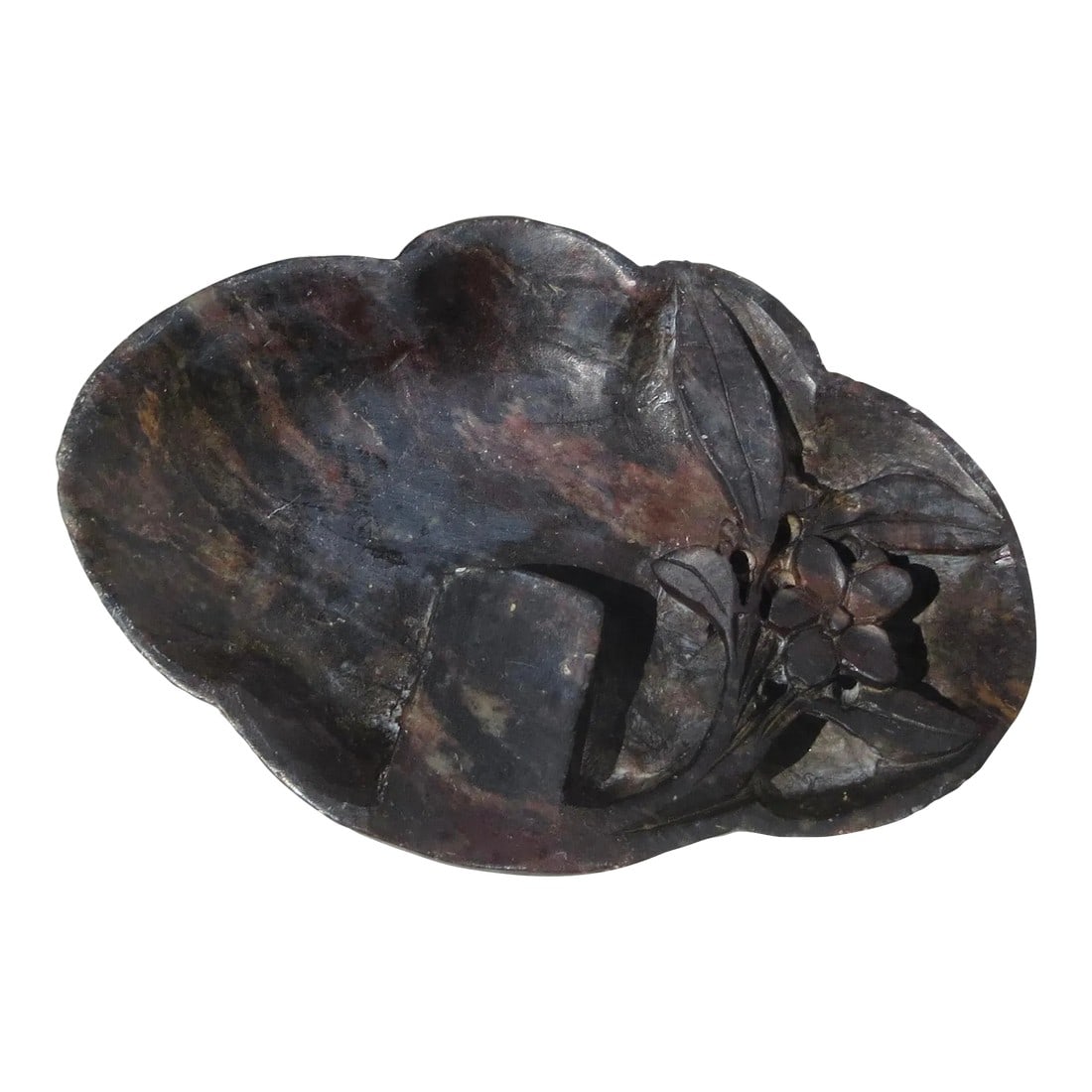 Vintage 60s' Chinese Soapstone Ashtray: Vintage soapstone ashtray. Handcarved stone with a sprig of foliage at the side and quatrefoil shape. carved in China in the mid-century. The measurements are 4.75" wide and 3.25 across, .75" deep. Ve