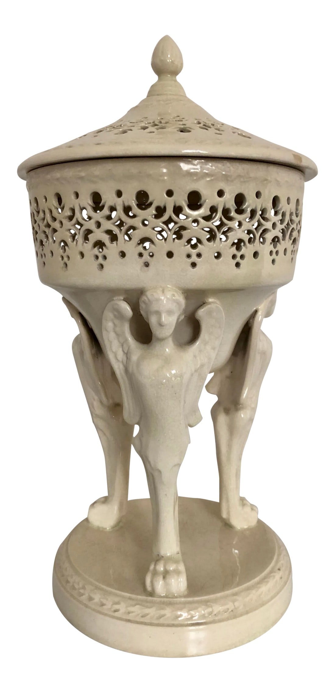 19th Century French Creamware Potpourri Lidded Dish: Romantic neoclassical 19th century French creamware potpourri lidded dish from Joe Niermann's private collection having amazing fretwork and gorgeous figural base with female winged creatures.