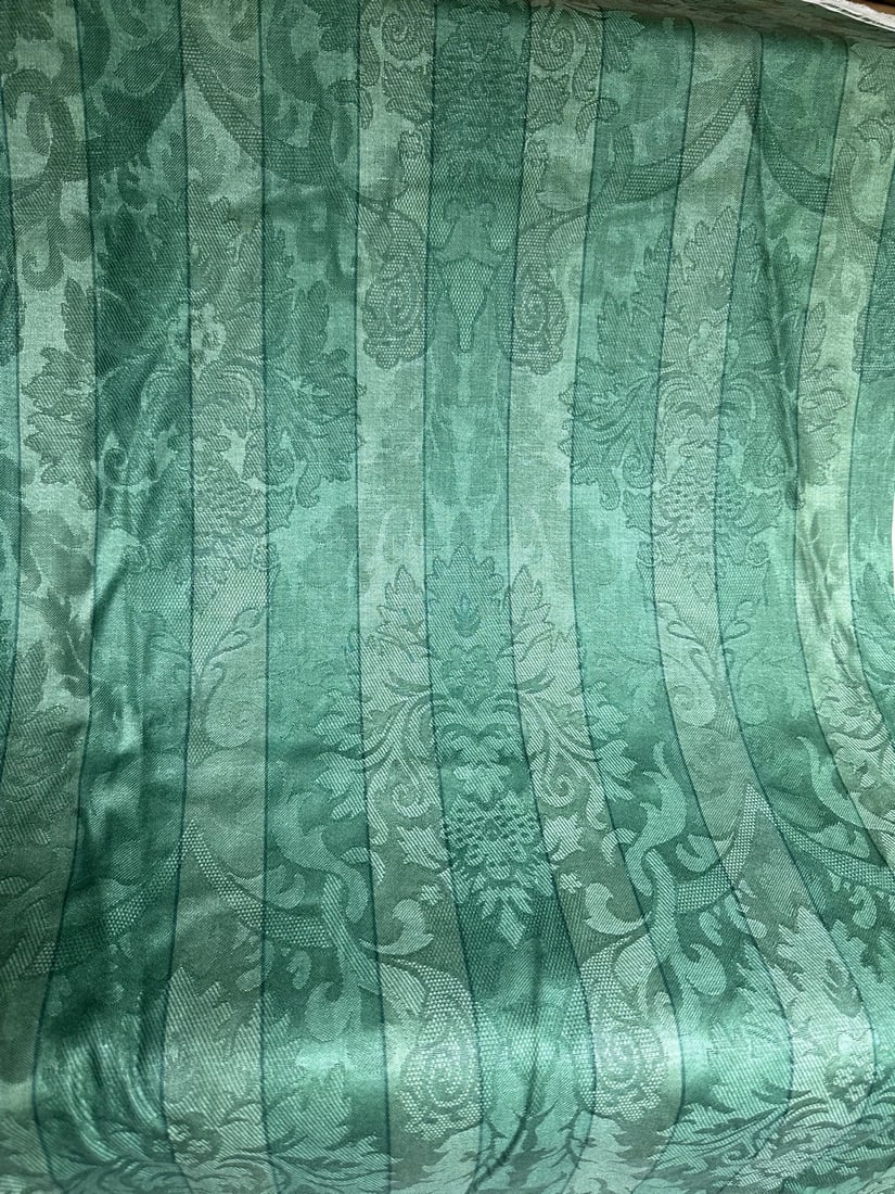 Late 20th Century P. Kaufman Fabric Green Striped Damask- About 2.2 Yards: Vintage P.Kaufmann gorgeous two-tone striped green damask-interior decor fabric-scotch guarded. Two tone greens lends to variety of decor with an attractive damask traditional element. 80"