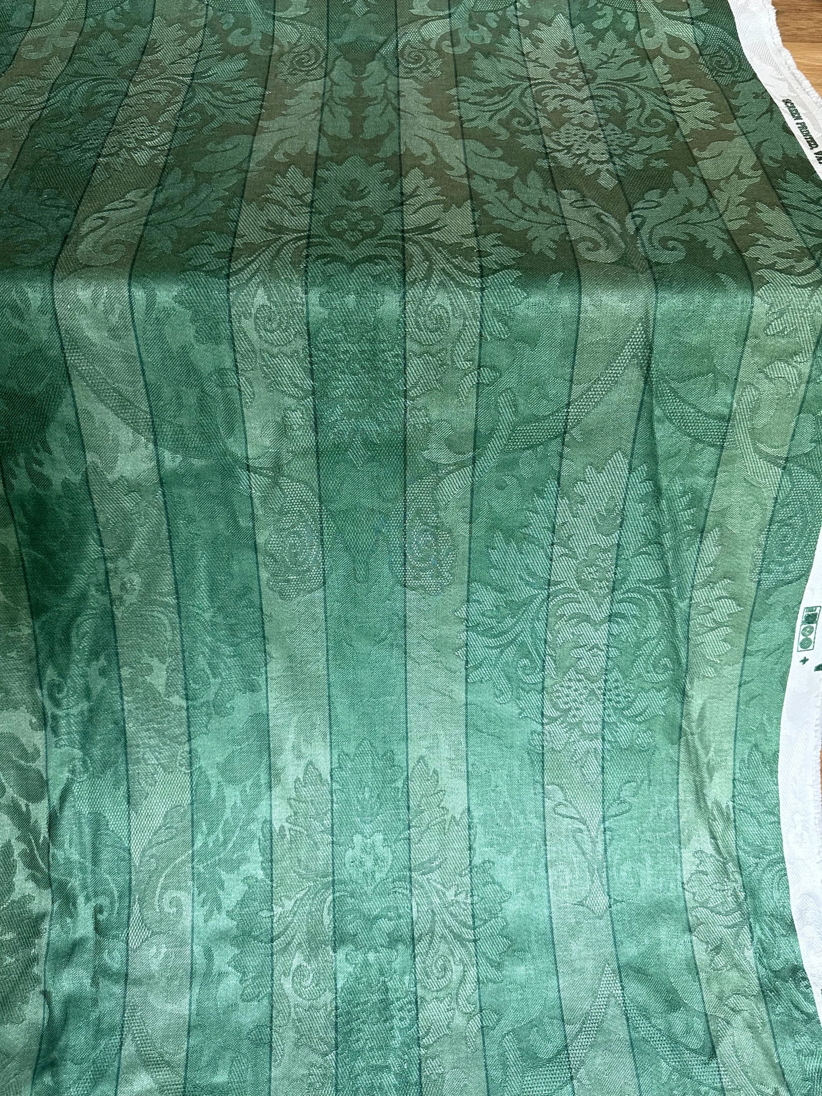 Late 20th Century P. Kaufman Fabric Green Striped Damask- About 2.2 Yards - 2