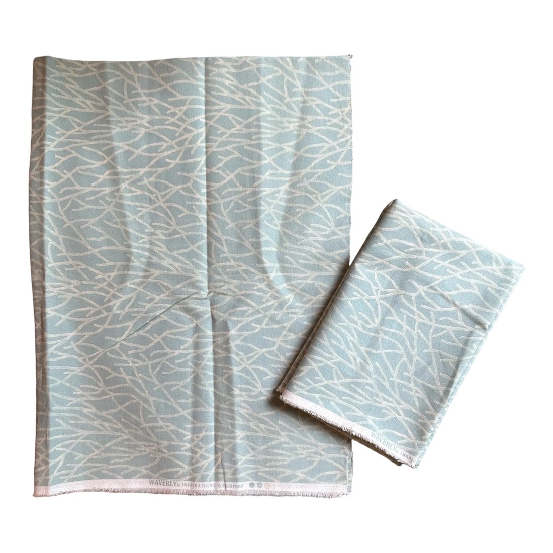 Late 20th Century Waverly Inspirations Seaside Coastal Blue Coral Cotton Fabric Remnants- Set of 2: Vintage Waverly Inspirations fabric in a aqua blue with cream coral design. Two cut remnants perfect for seaside bed or couch accent pillows. Largest remnant 45" wide x 56" long (1.25 yards). Shortest