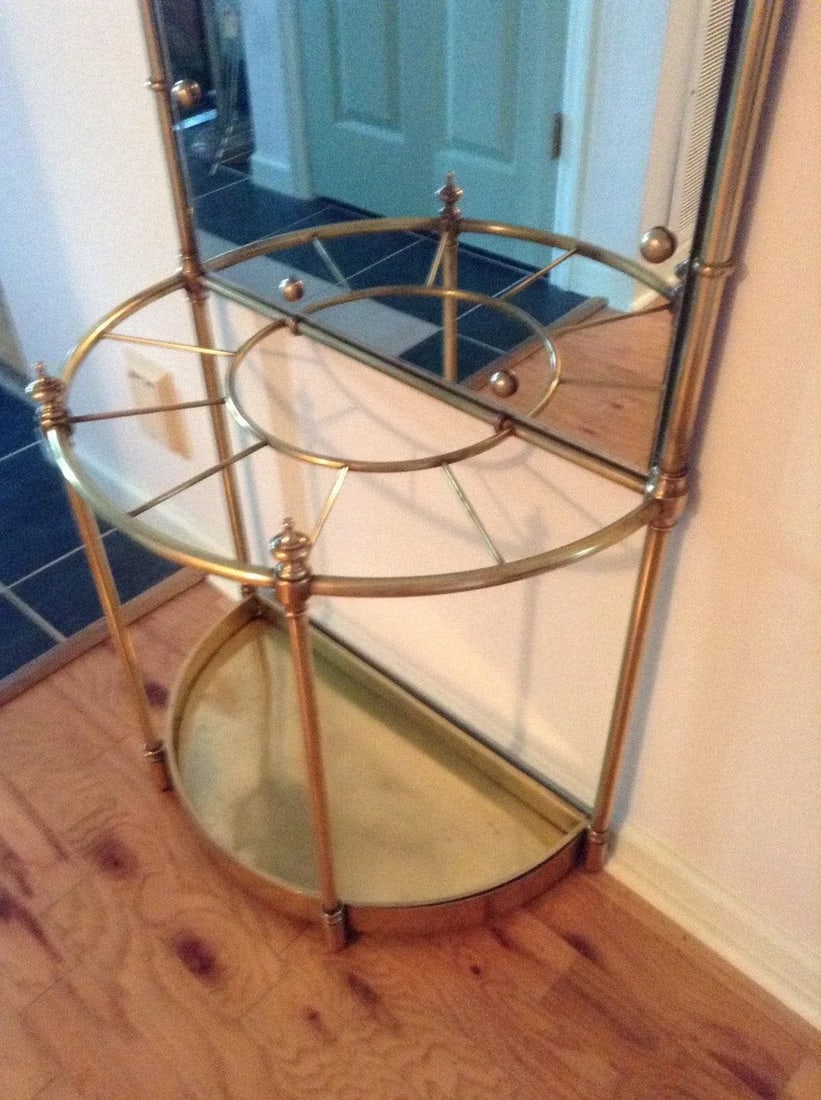 Vintage Solid Brass Hall Tree with Mirror and Umbrella Cane Stand - 2