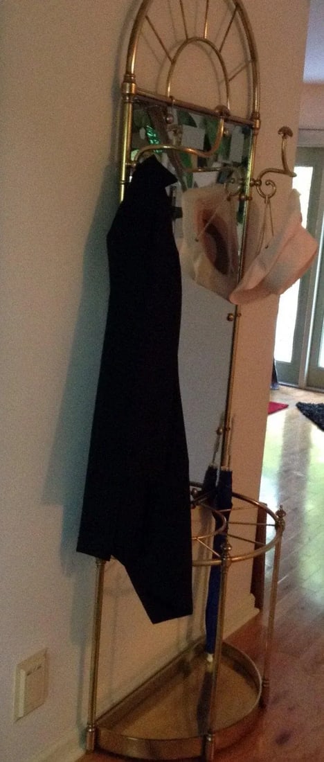 Vintage Solid Brass Hall Tree with Mirror and Umbrella Cane Stand - 3
