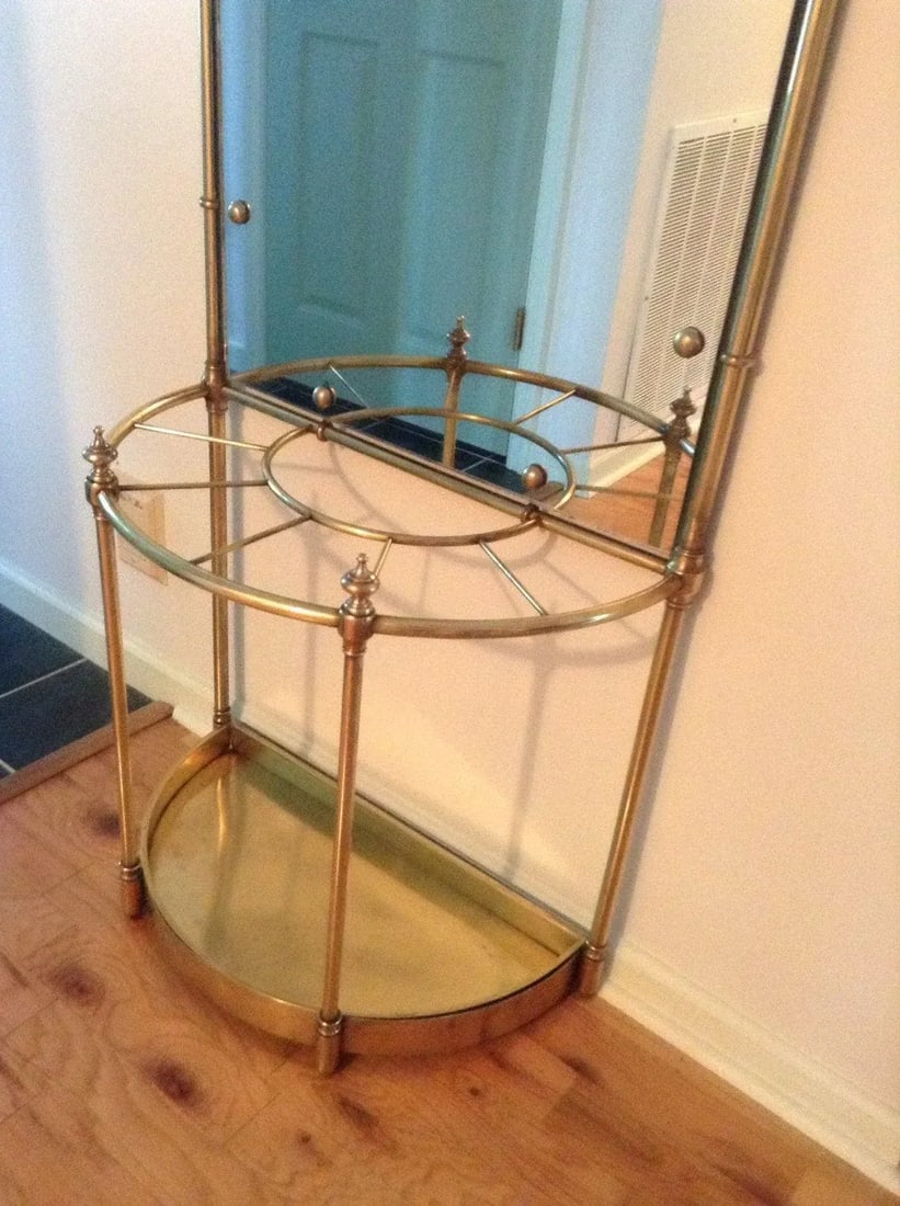 Vintage Solid Brass Hall Tree with Mirror and Umbrella Cane Stand - 5