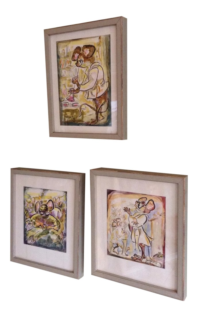 Original Watercolor Grouping by Jadvyga Paukstiene of Mice Professor - Set of 3: Group of three professionally framed and matted in new frames signed and dated by the artist Jadvyga Paukstiene and dated 74. She named them her Mice Professor. Her watercolor art has no auction value
