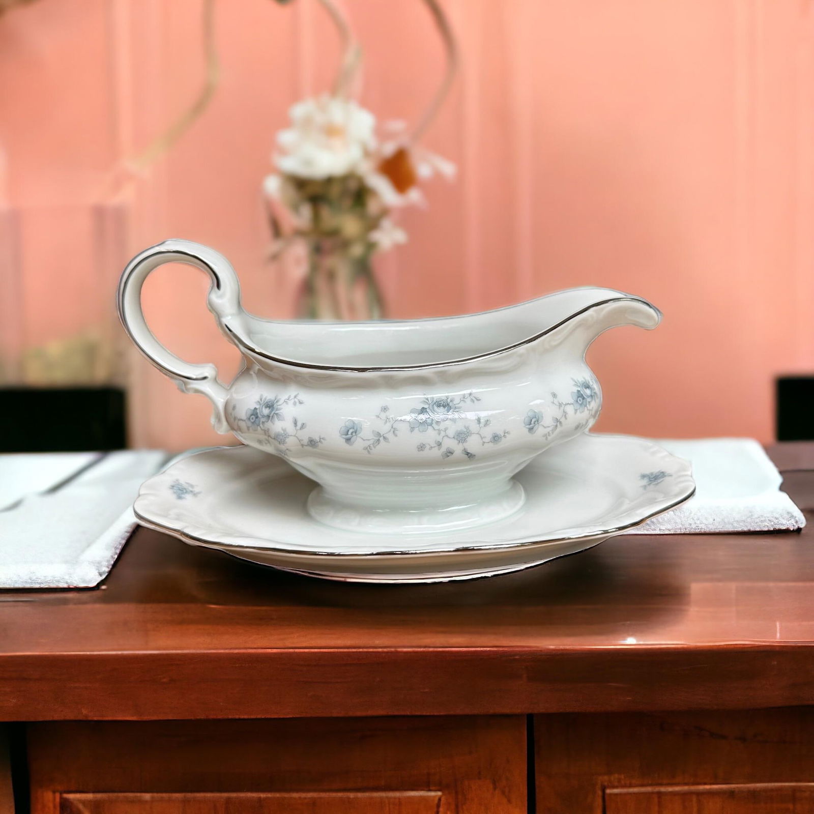 Johann Haviland Blue Garland Gravy Boat Attached Underplate Germany - 8