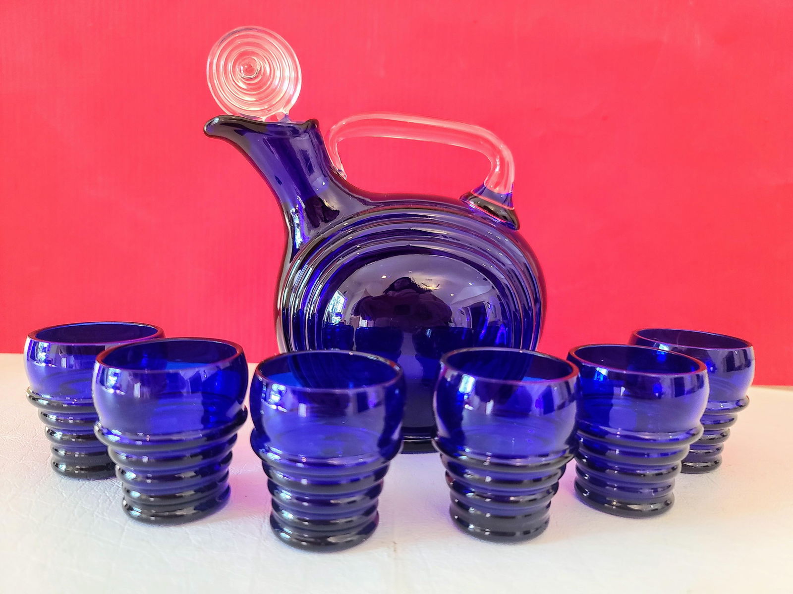 1930's Cambridge Cobalt Blue Blown Glass Decanter & 6 Shot Glasses - 2