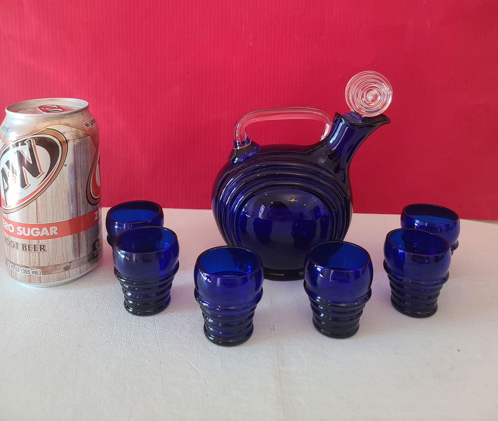 1930's Cambridge Cobalt Blue Blown Glass Decanter & 6 Shot Glasses - 4