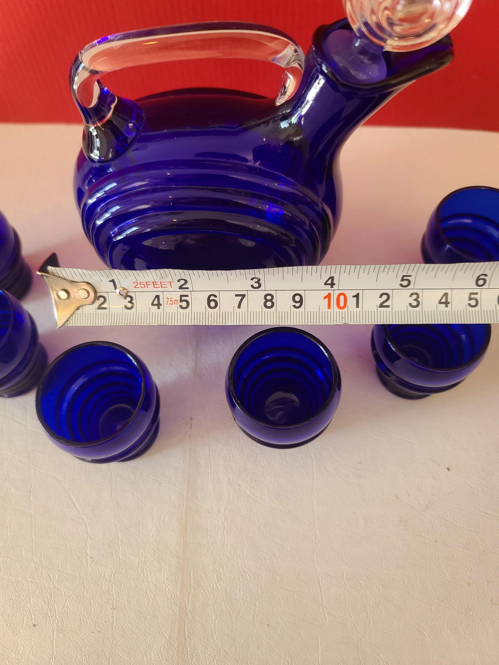 1930's Cambridge Cobalt Blue Blown Glass Decanter & 6 Shot Glasses - 6