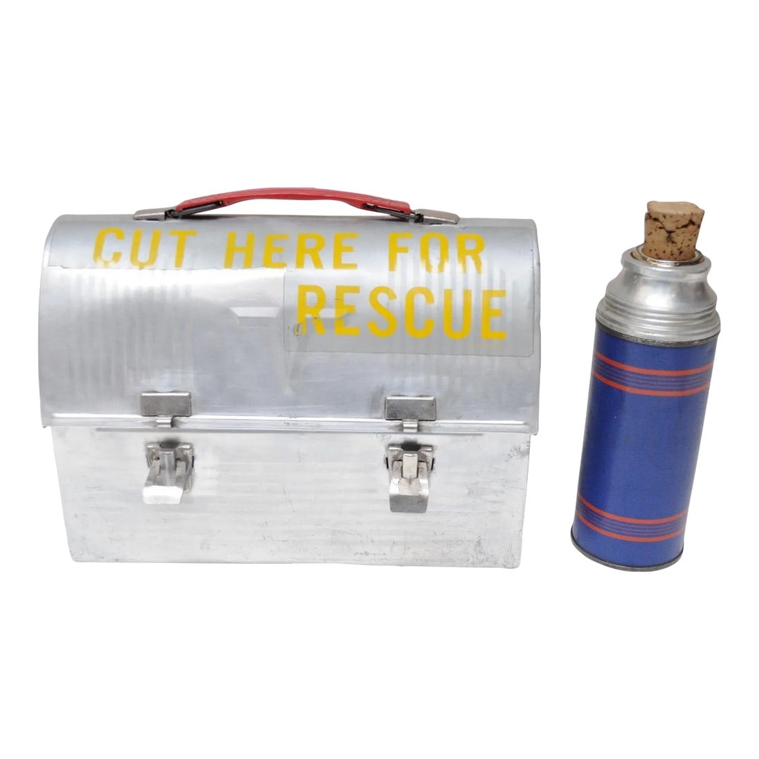 Vintage Aluminum "Victory" Domed Miner's Pail / Survivor Lunchbox With Corked Thermos: Vintage domed aluminum miner's pail / survivor lunchbox with dual latches and thermos bottle by Victory (ca. 1950, USA). Great storage box/prop/carrying case equipped with a collapsible red plastic