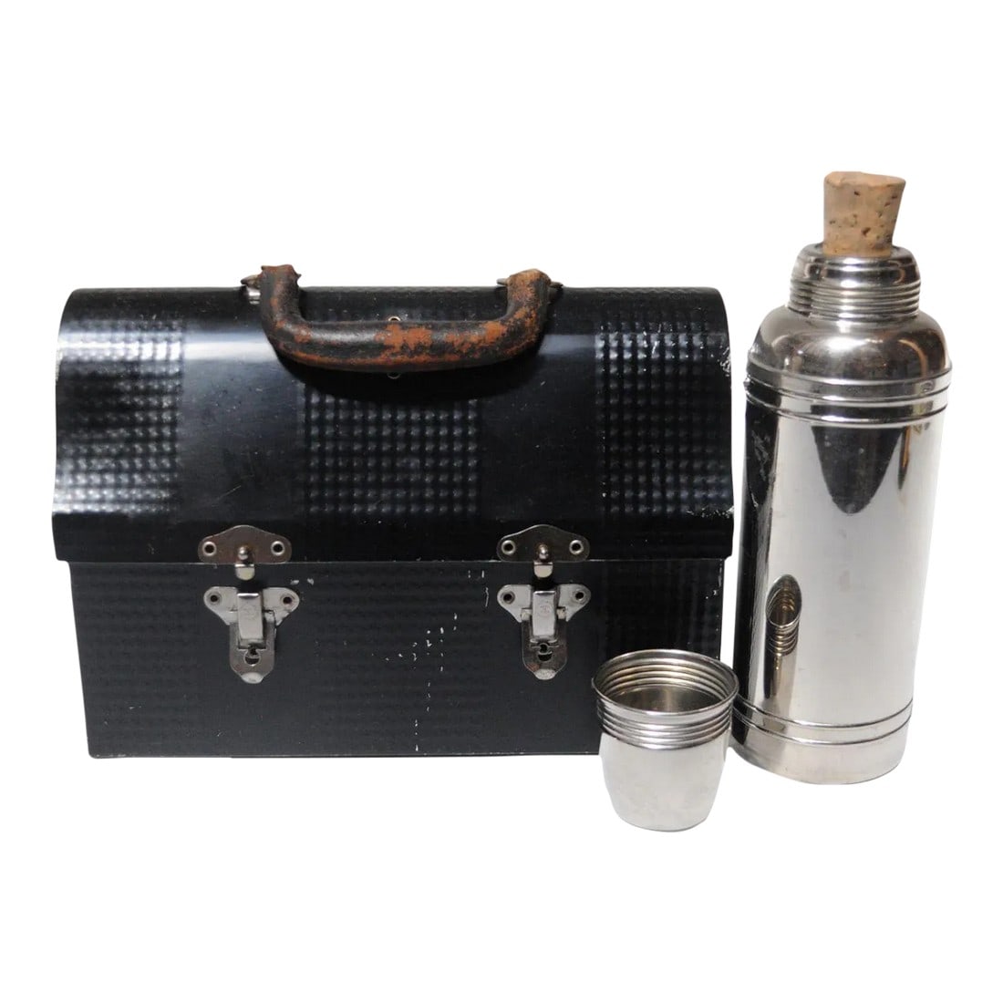 Vintage Handy Andy Black Industrial Domed Tin Miner's Lunch Pail With Thermos and Leather Handle: Vintage Industrial "Handy Andy" domed tin work lunchbox / miner's pail in heavy gauge black paint, gold interior, and original glass insulated stainless steel thermos with cork top (ca. late 1930s/ear