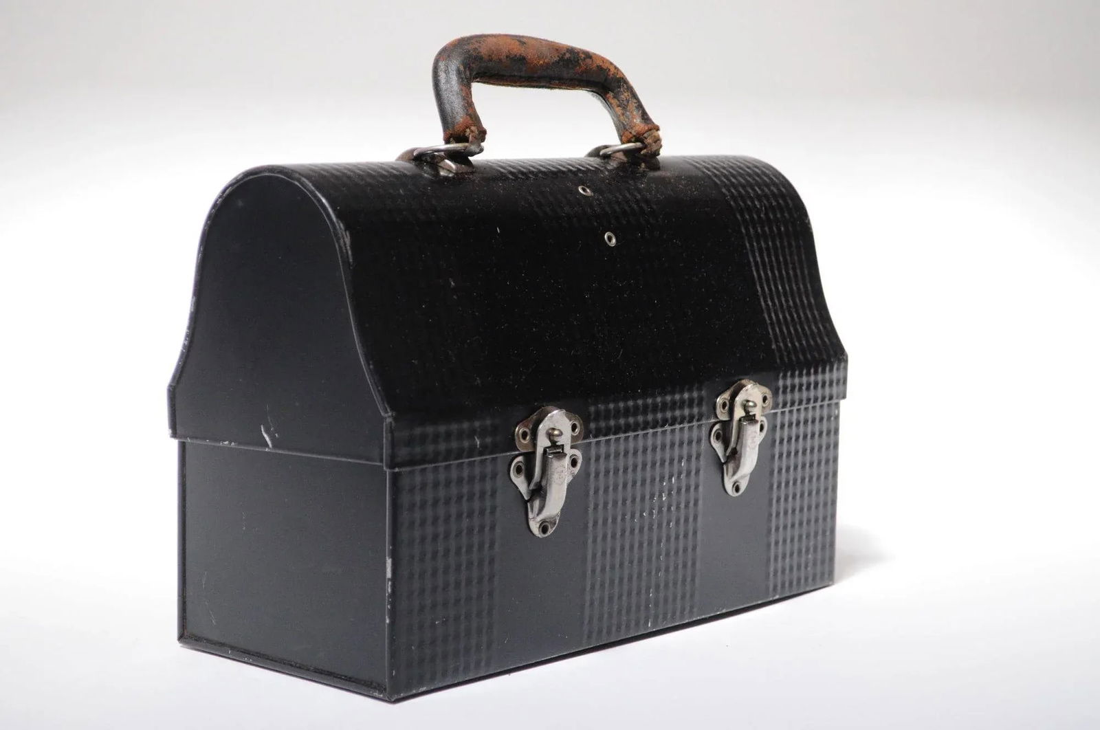 Vintage Handy Andy Black Industrial Domed Tin Miner's Lunch Pail With Thermos and Leather Handle - 2