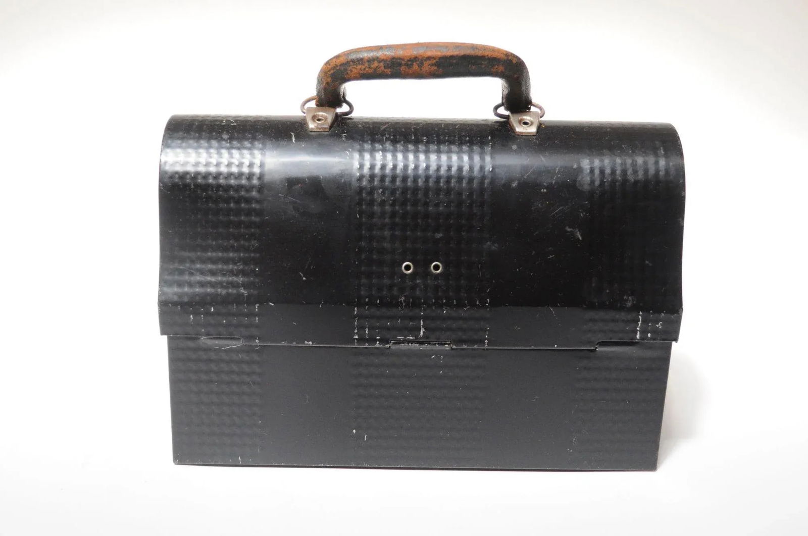 Vintage Handy Andy Black Industrial Domed Tin Miner's Lunch Pail With Thermos and Leather Handle - 4