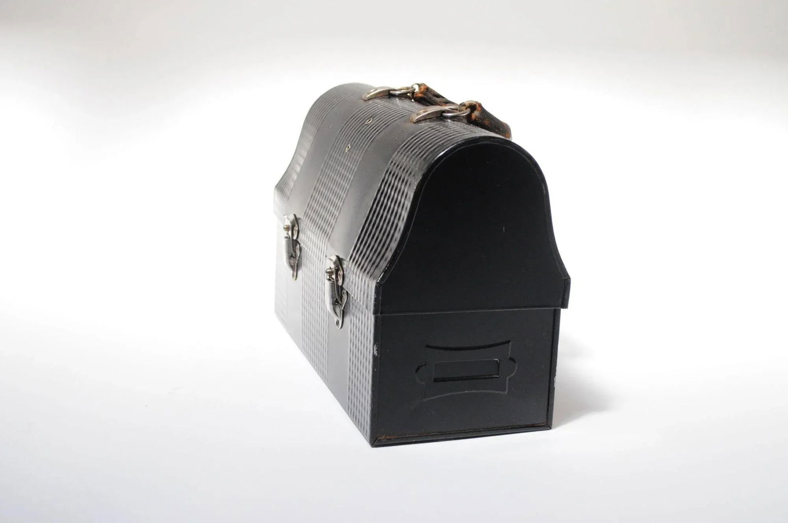 Vintage Handy Andy Black Industrial Domed Tin Miner's Lunch Pail With Thermos and Leather Handle - 5