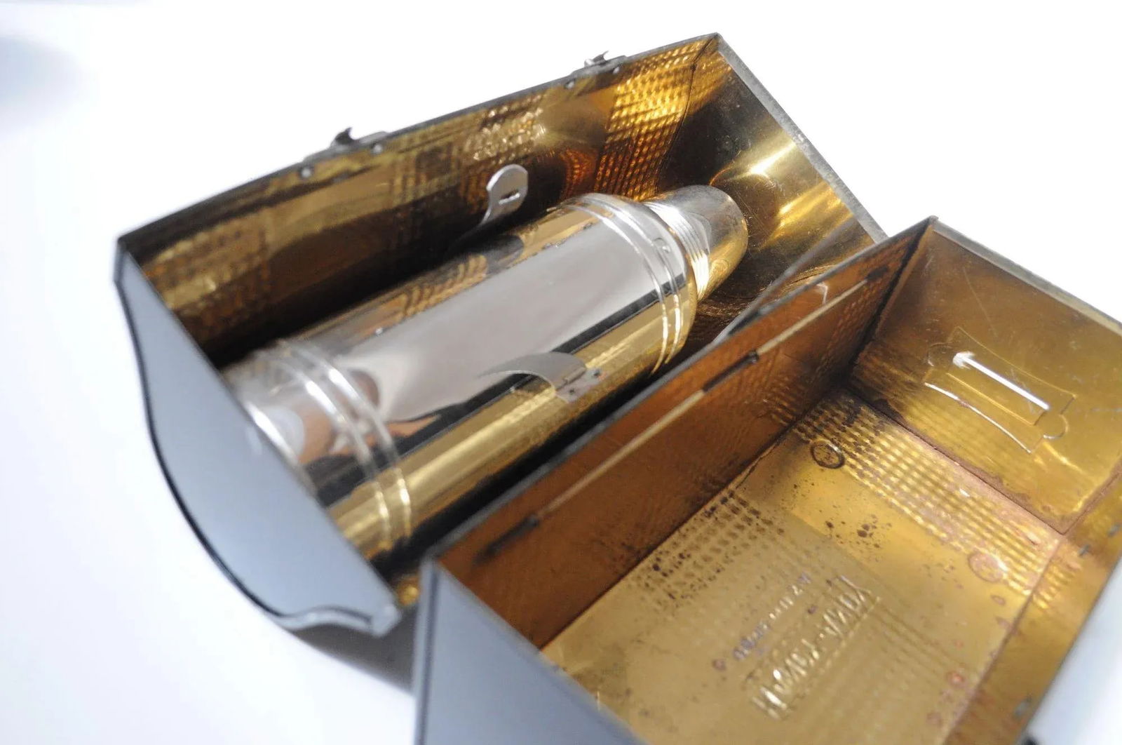 Vintage Handy Andy Black Industrial Domed Tin Miner's Lunch Pail With Thermos and Leather Handle - 6