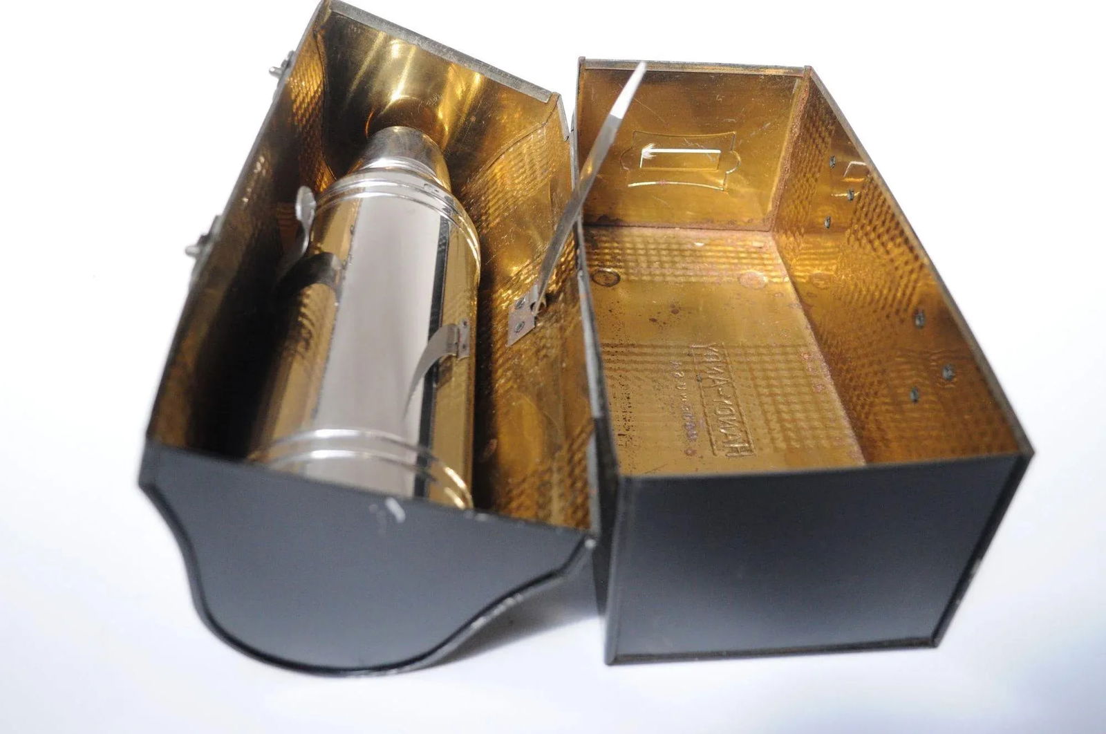 Vintage Handy Andy Black Industrial Domed Tin Miner's Lunch Pail With Thermos and Leather Handle - 7