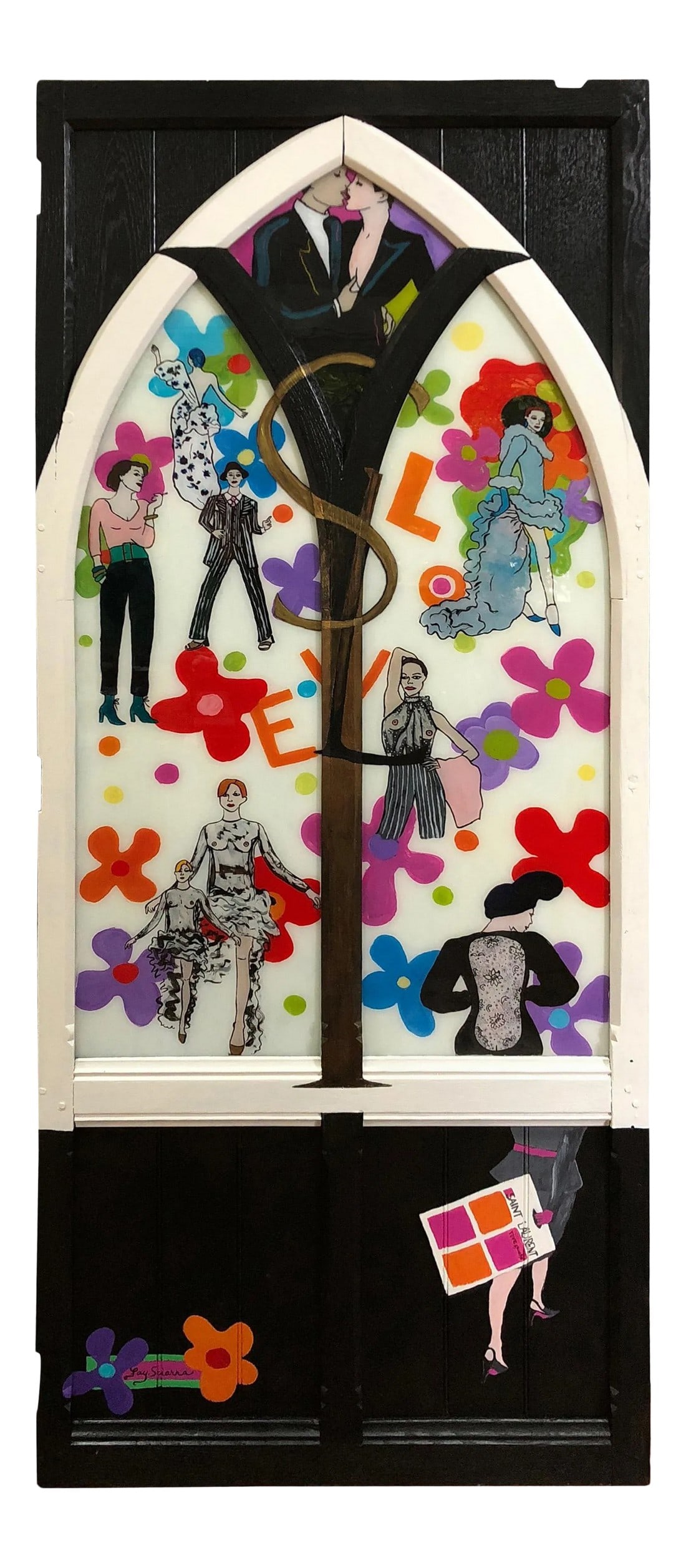Original Contemporary Painting on Glass Homage to Yves Saint Laurent: Bold and fascinating original reverse painting on the glass of a vintage gothic window, with subject matter inspired by the iconic designer Yves Saint Laurent. Models float in the composition