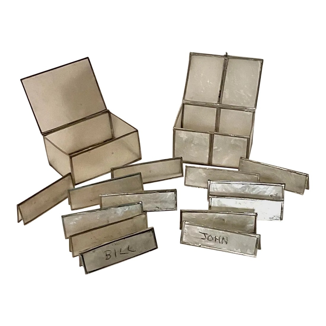 Vintage Horchow Collection Philippines Capiz Shell Table Place Markers With Boxes, 15 Piece: Vintage translucent white Capiz Shell and brass hinged keepsake boxes with Capiz Shell and brass name cards. Set of thirteen reusable Capiz shell name/place card holders. Write your info on each