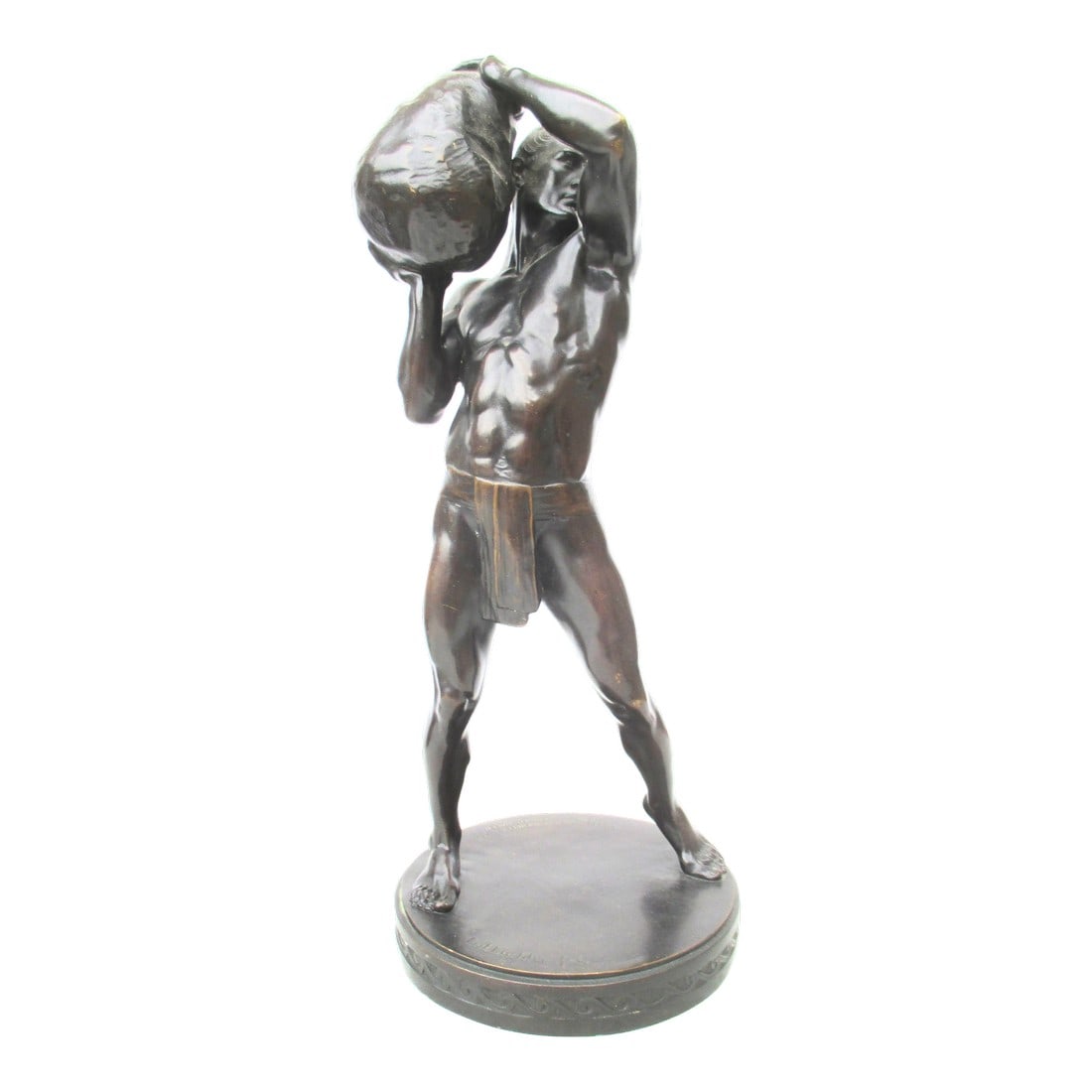 P. Leibkuchler Bronze Sculpture Sisyphus 1900: Paul Leibkuchler ( German 1873-1938) Bronze Sisyphus 1900 . size 13" tall Dark bronze patina. Marked on base by artist and foundry Ladenbeck. A beautiful piece of the physical culture and enthusiasm o