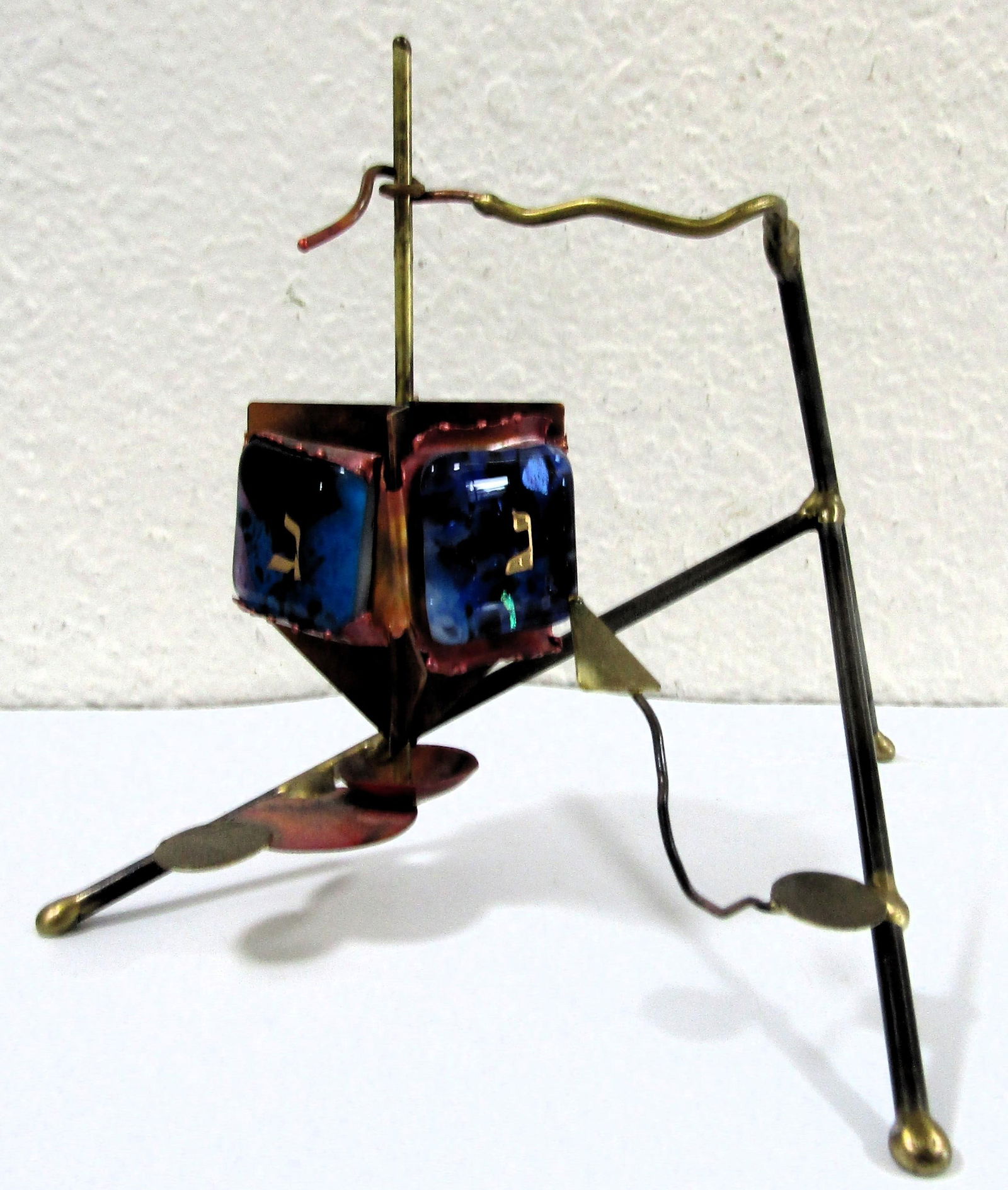 1980s Artist Gary Rosenthal Copper Brass Fused Glass Kinetic Dreidel Sculpture - 4