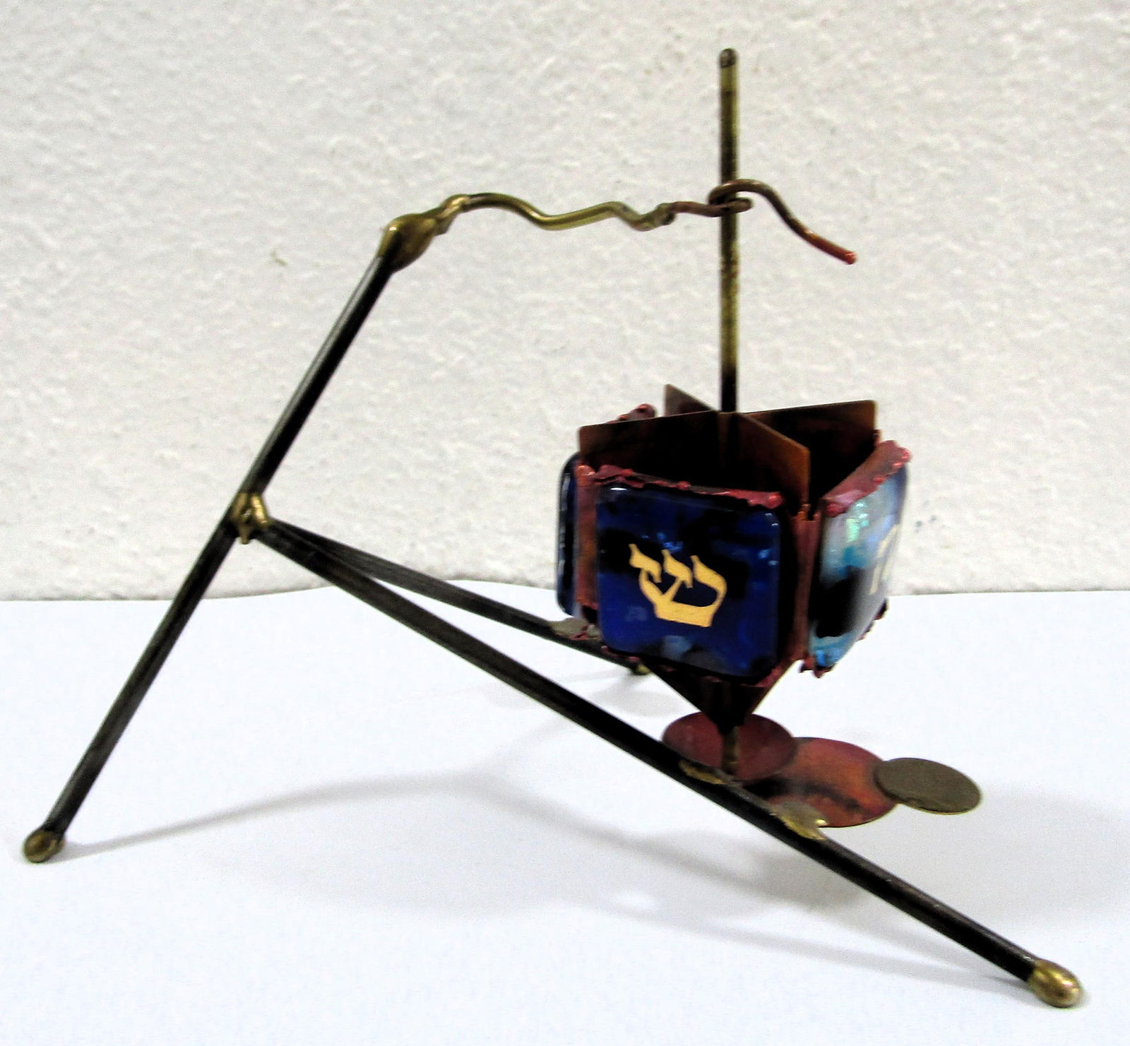 1980s Artist Gary Rosenthal Copper Brass Fused Glass Kinetic Dreidel Sculpture - 5