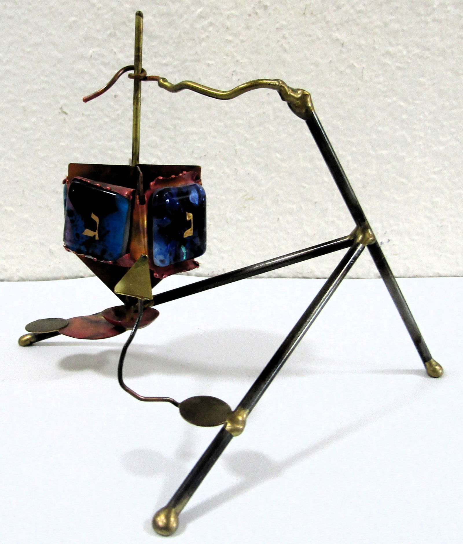 1980s Artist Gary Rosenthal Copper Brass Fused Glass Kinetic Dreidel Sculpture - 7