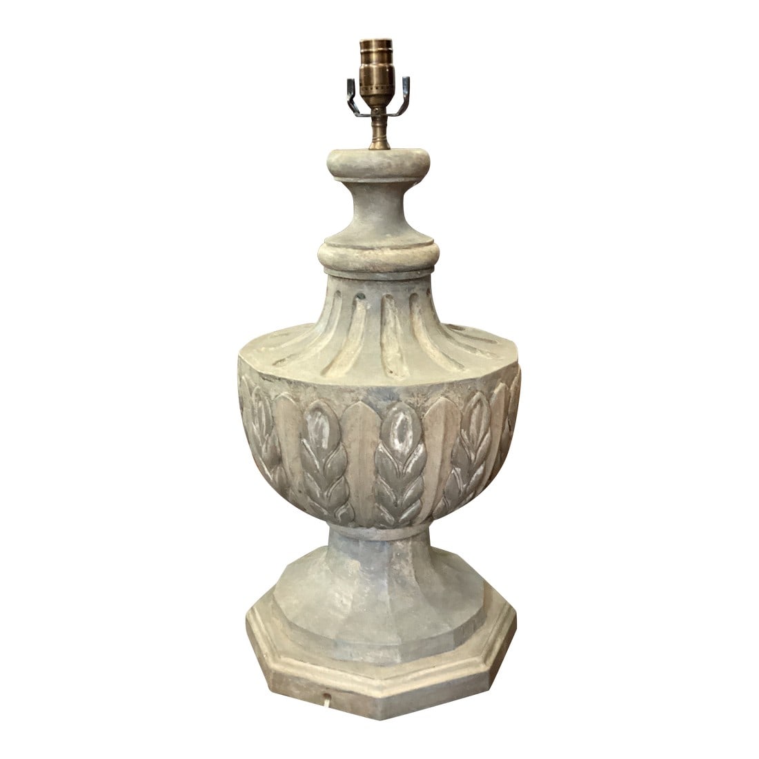 Light Grey Carved Wood Lamp: A single hand-carved wood table lamp from Indonesia. This impressive lamp was artisan carved from a single block of wood in the early 2000s. It is quite substantial in weight and stature. This lamp wo