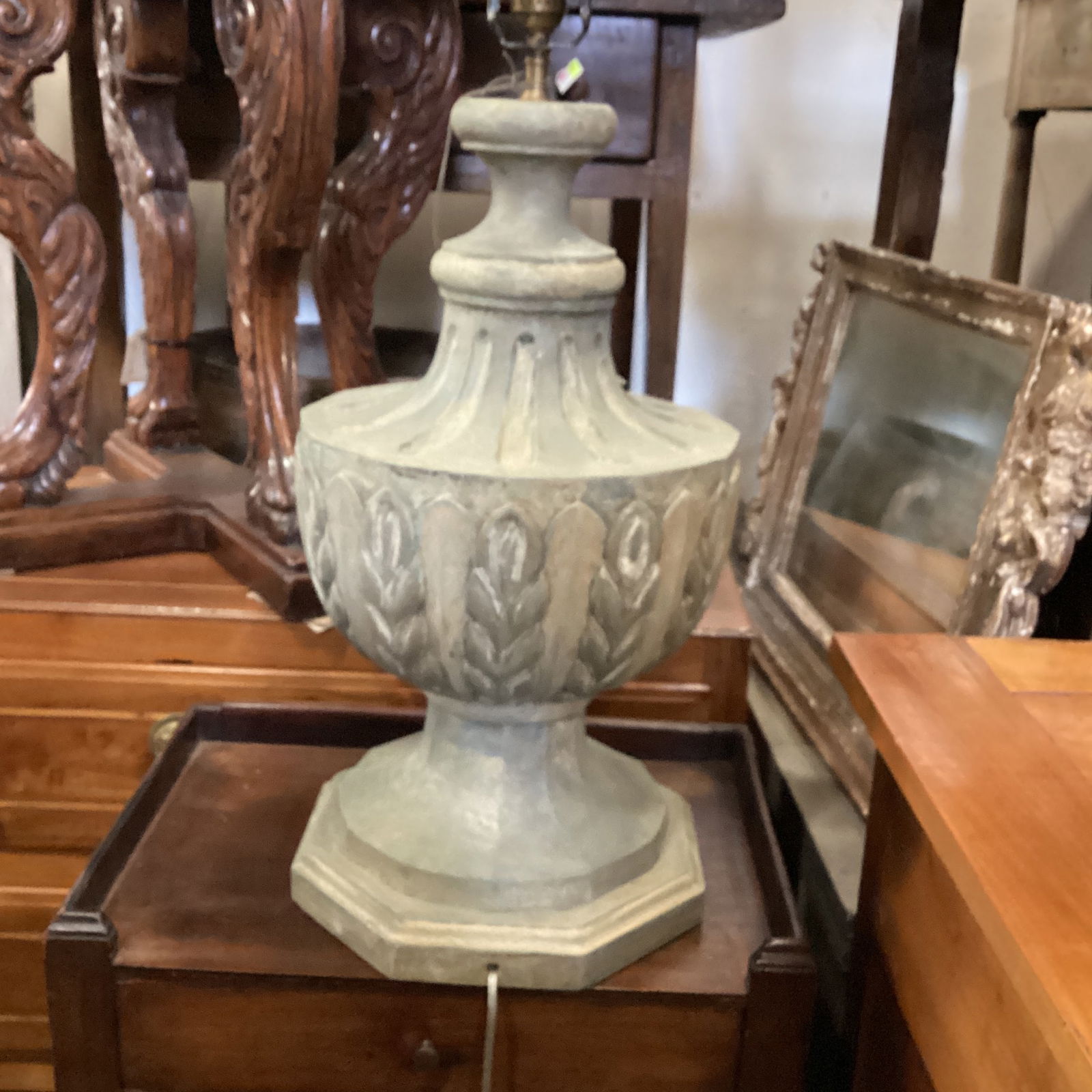 Light Grey Carved Wood Lamp - 2