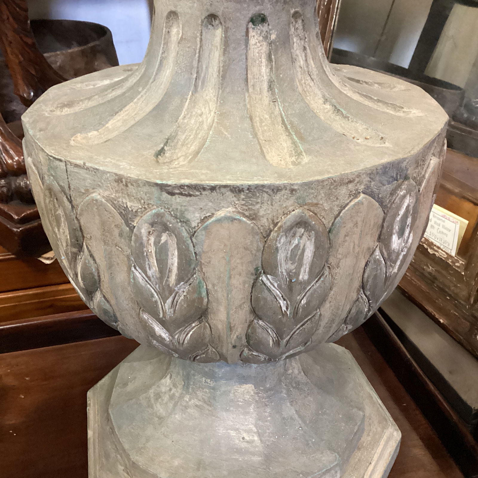 Light Grey Carved Wood Lamp - 3