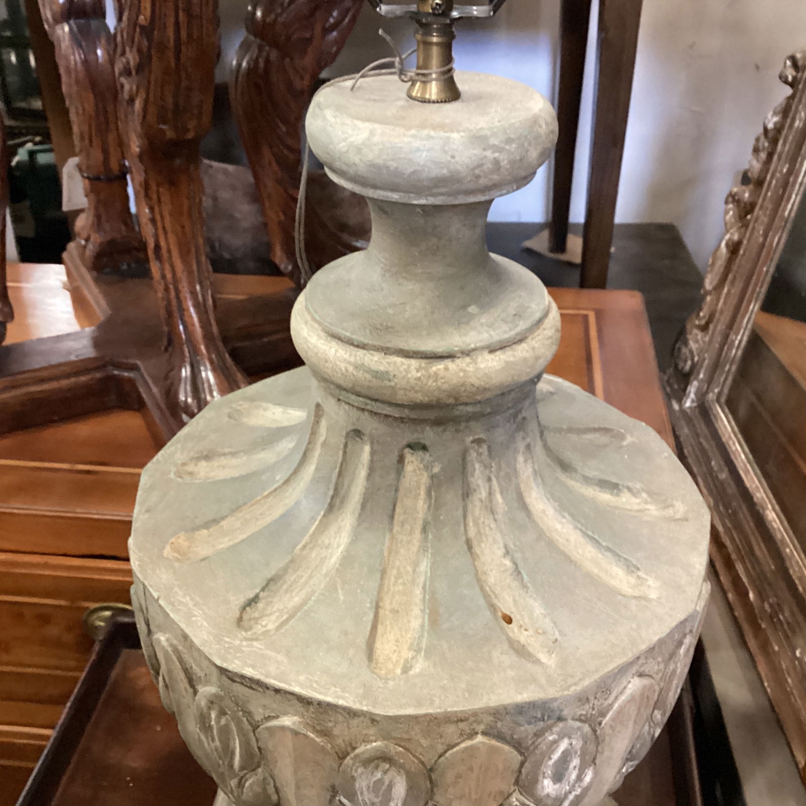 Light Grey Carved Wood Lamp - 5