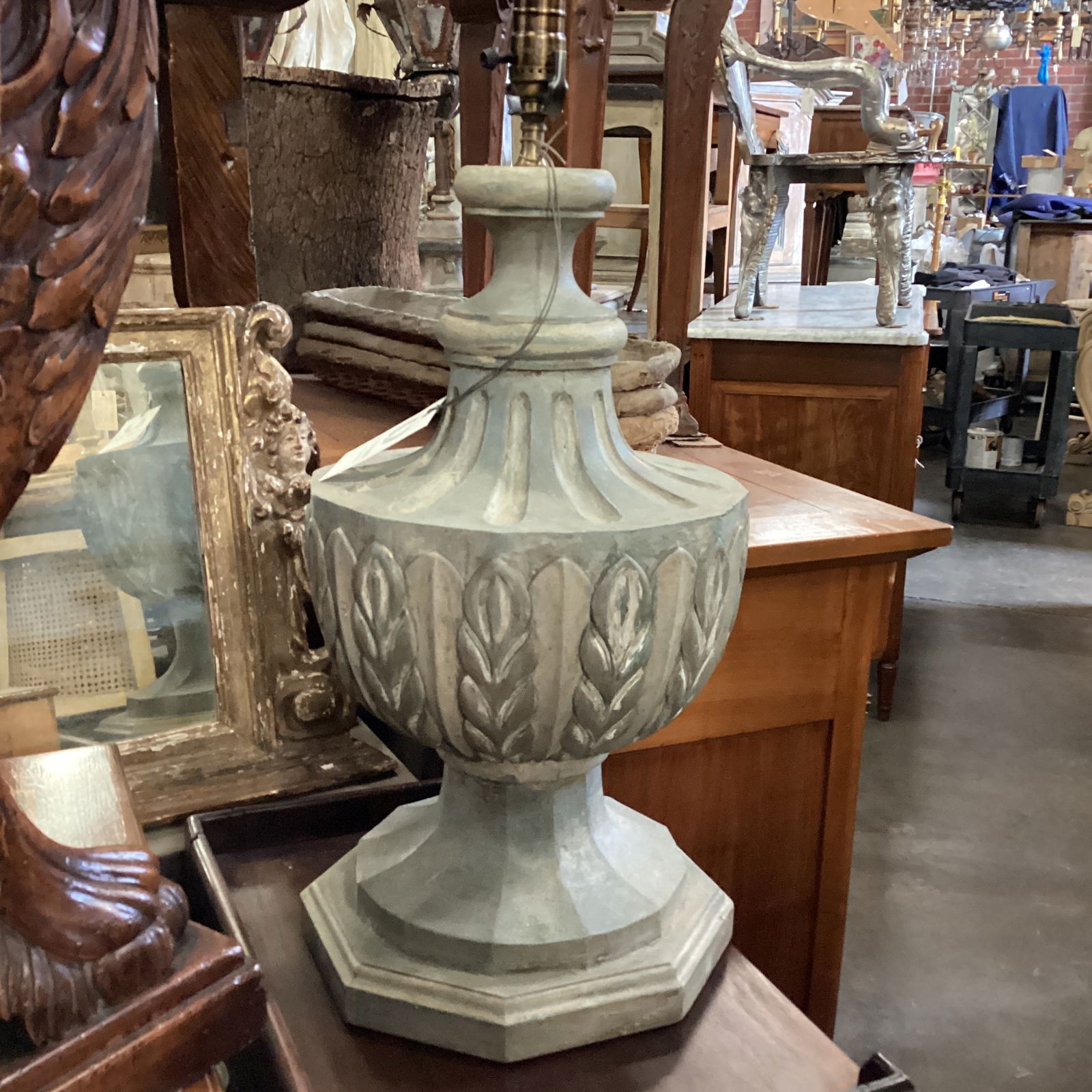 Light Grey Carved Wood Lamp - 7