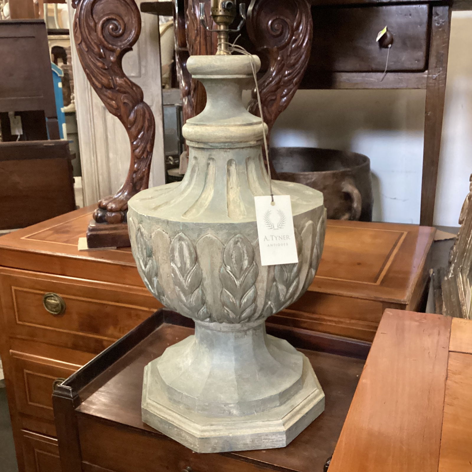 Light Grey Carved Wood Lamp - 8