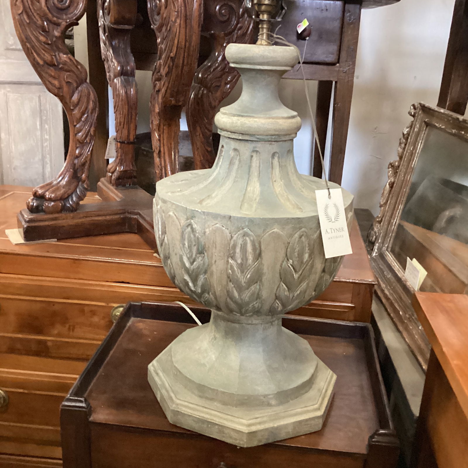 Light Grey Carved Wood Lamp - 9