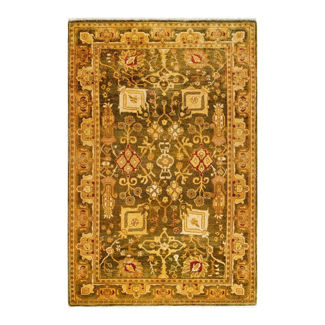 Ottoman, One-of-a-Kind Hand-Knotted Area Rug - Gold, 4' 1" x 6' 2": Persian rug-making at its finest inspired the rich colors, elaborate geometric motifs, and botanical detailing of the Serapi collection. With as many as 100 knots per inch, these handcrafted rugs are