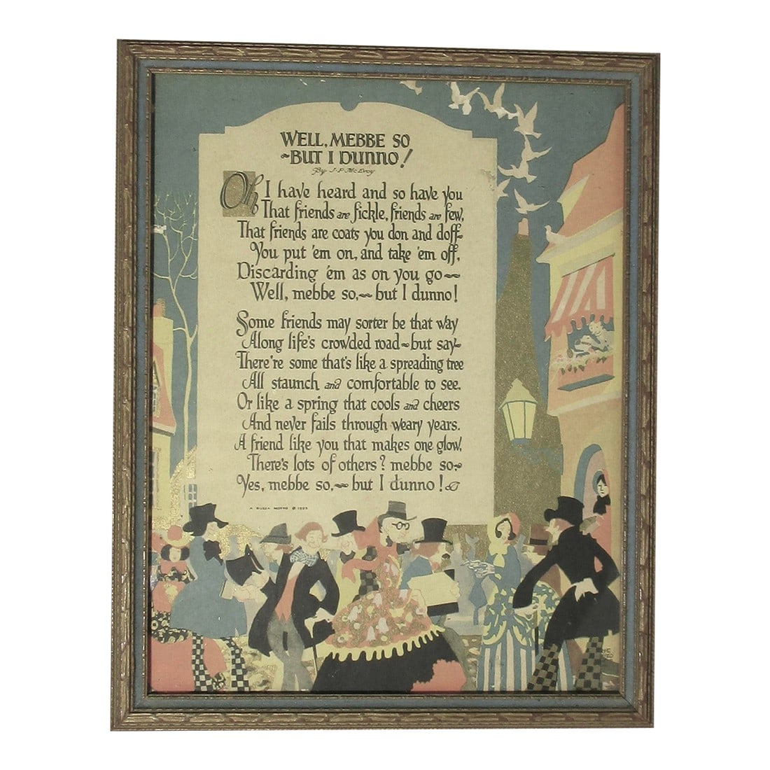 Art Deco Poetry Prints Circa 30s': Art Deco serigraph poetry, a contemplation of Friendship with surrounding artwork of happy crowd in the street. Turn of the century dress and atmosphere, sweet sentimental thoughts which are meant as