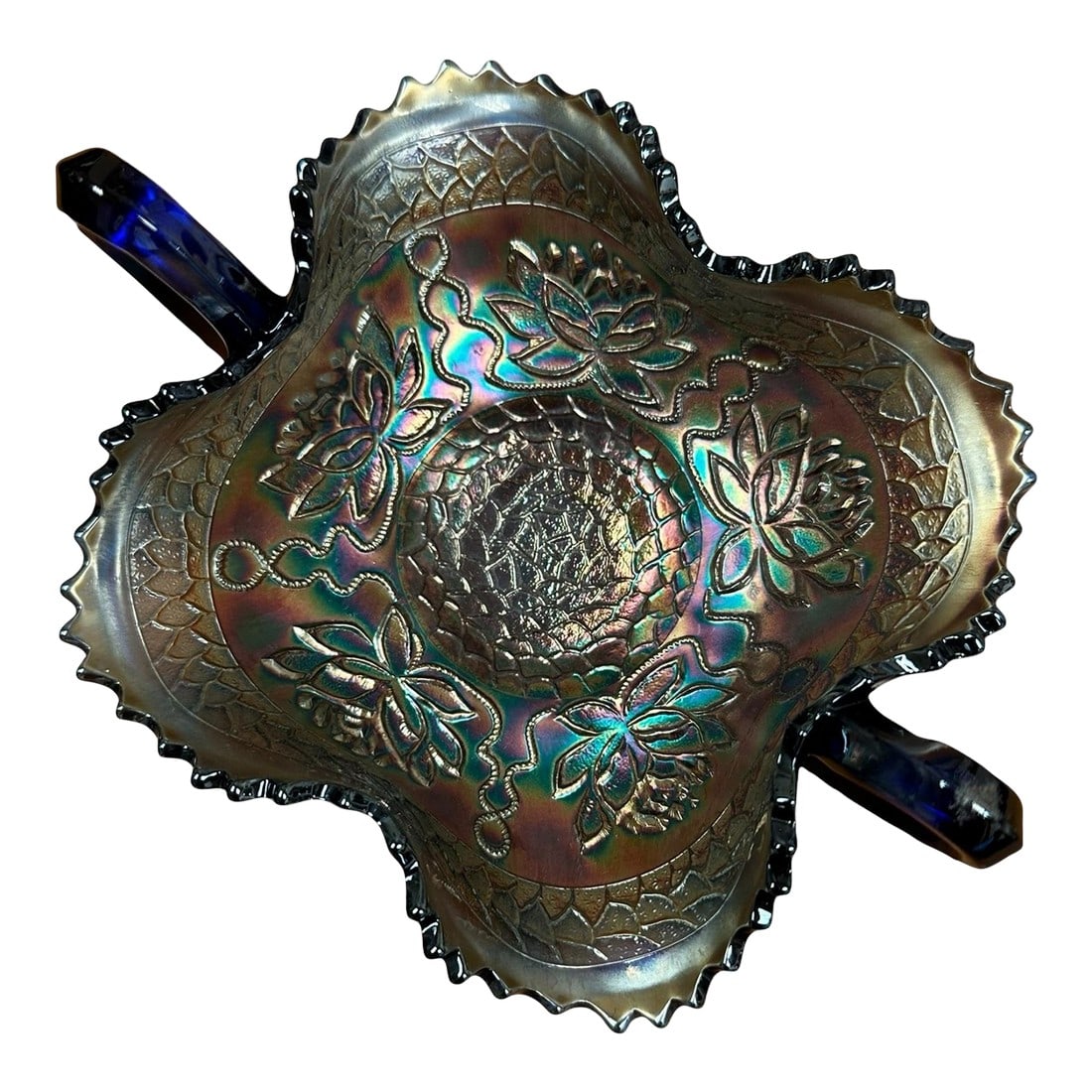 Antique Blue Carnival Fenton Pond Lily Double Handled Card Tray Bon Bon Bowl Early 20th Century: Pond Lily is one of Fenton's less frequently seen patterns and found only in bonbons. It has a wreath of pond lilies around the center and a ring of Fenton's scale band pattern circling the edge. 