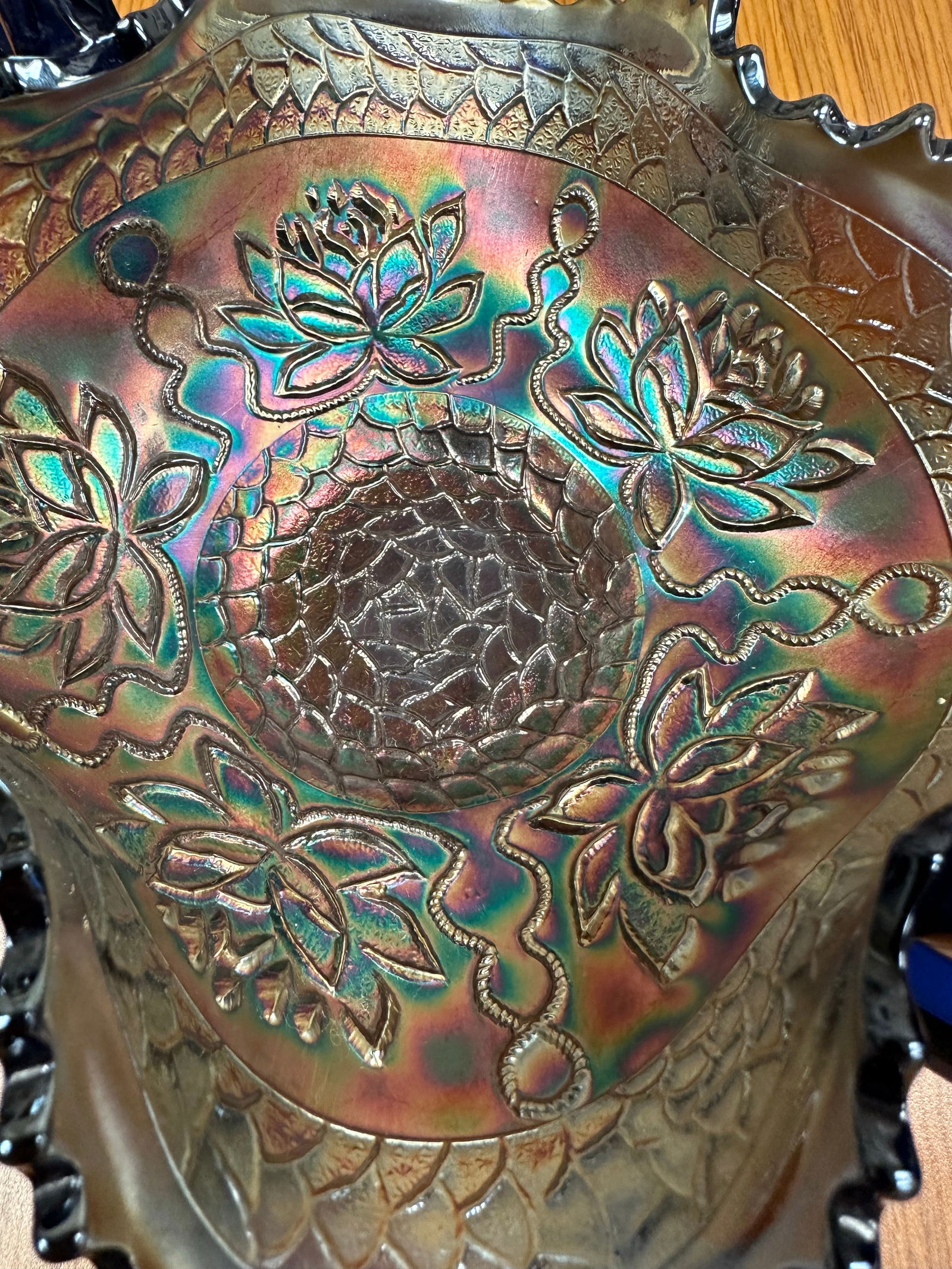 Antique Blue Carnival Fenton Pond Lily Double Handled Card Tray Bon Bon Bowl Early 20th Century - 2