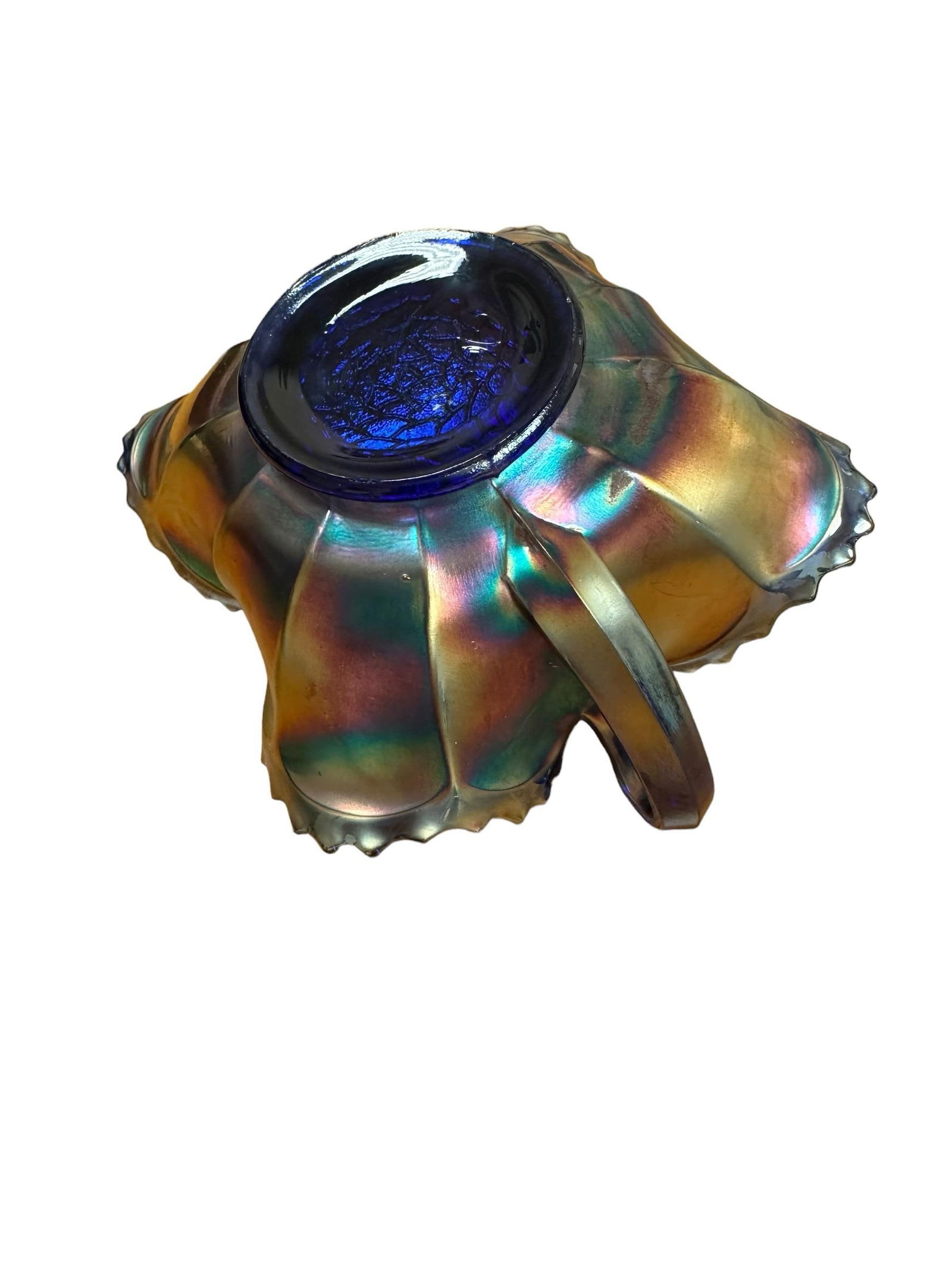 Antique Blue Carnival Fenton Pond Lily Double Handled Card Tray Bon Bon Bowl Early 20th Century - 5