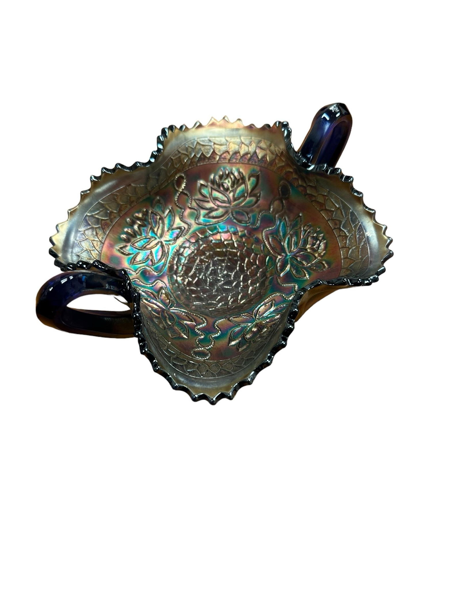 Antique Blue Carnival Fenton Pond Lily Double Handled Card Tray Bon Bon Bowl Early 20th Century - 6