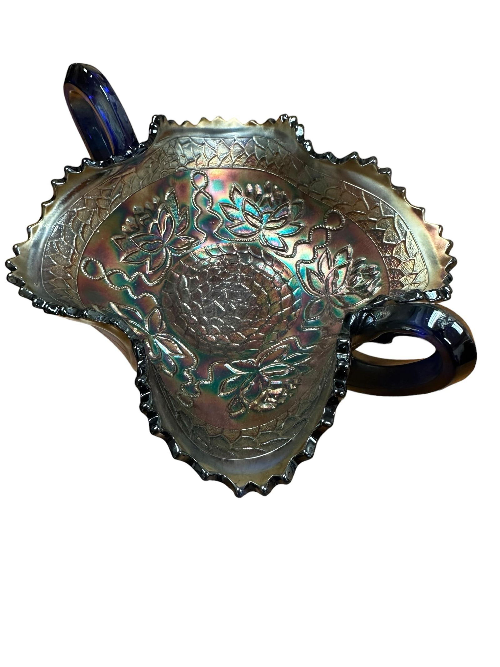 Antique Blue Carnival Fenton Pond Lily Double Handled Card Tray Bon Bon Bowl Early 20th Century - 7