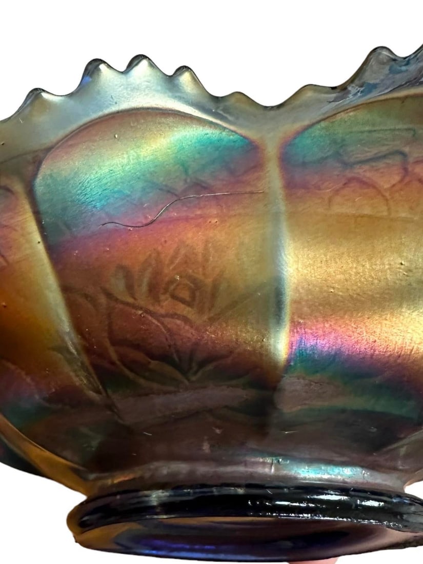 Antique Blue Carnival Fenton Pond Lily Double Handled Card Tray Bon Bon Bowl Early 20th Century - 8