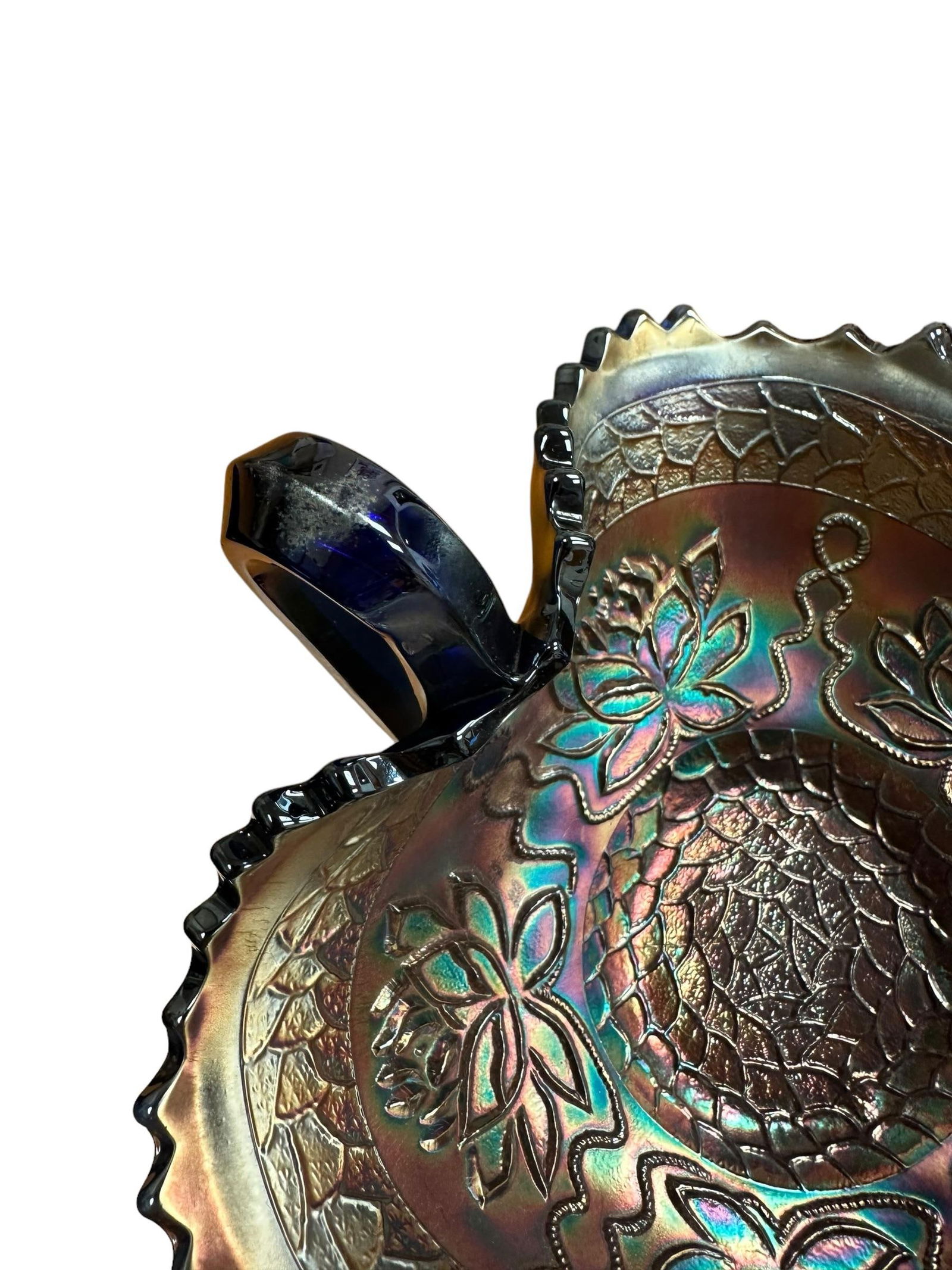 Antique Blue Carnival Fenton Pond Lily Double Handled Card Tray Bon Bon Bowl Early 20th Century - 9